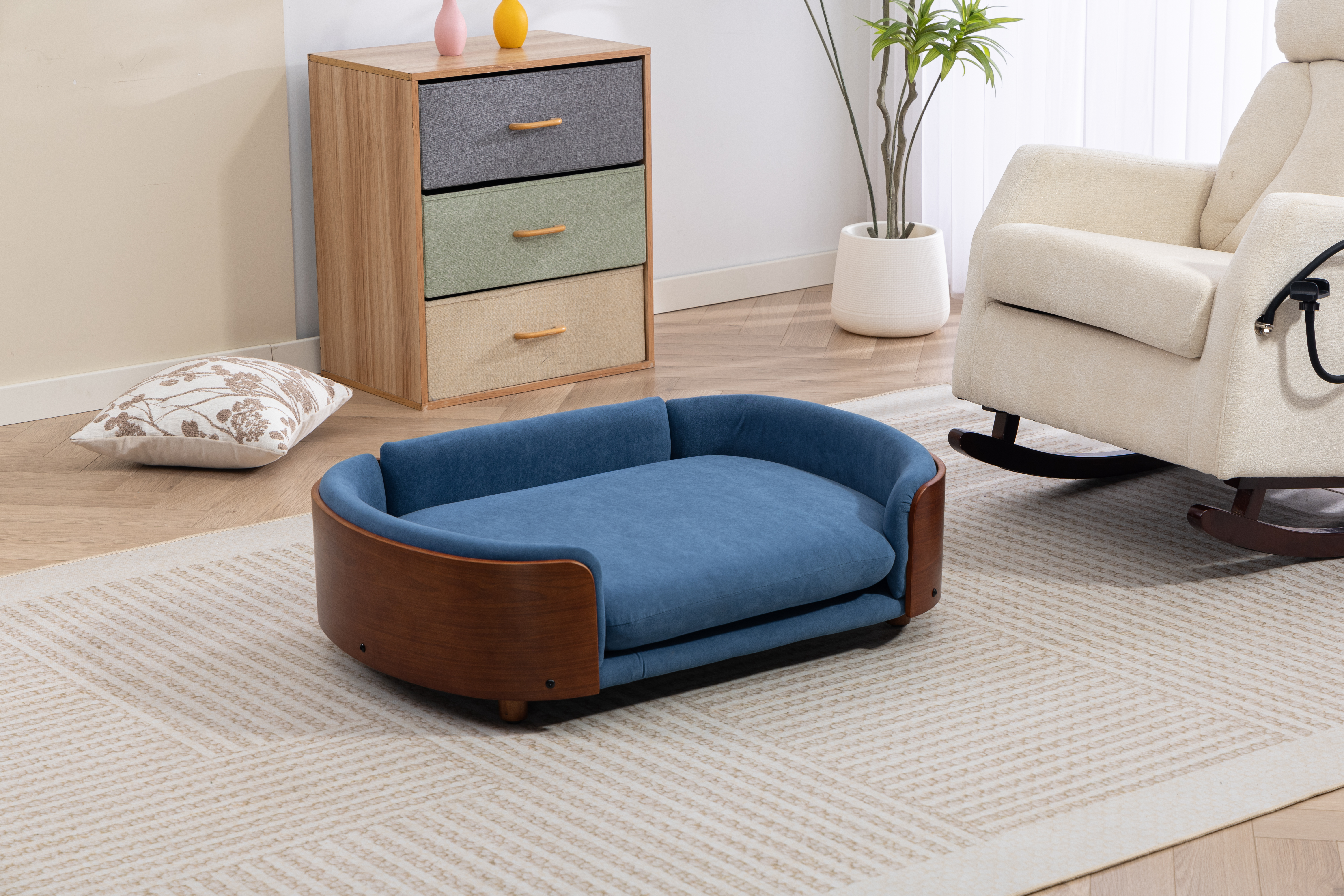 Scandinavian style Elevated Dog Bed Pet Sofa With Solid Wood legs and Walnut Bent Wood Back, Velvet Cushion,Large Size image 9