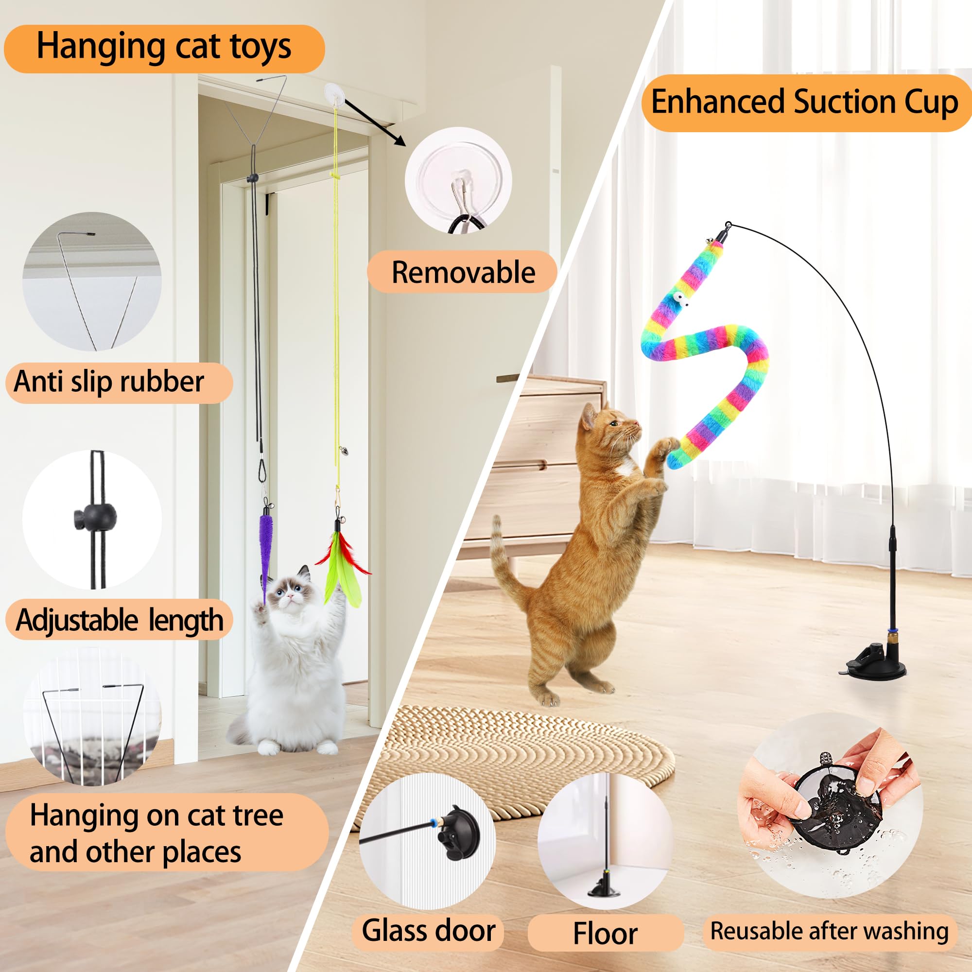4in1 Interactive Cat Wand Toys With Suction Cup For Indoor Cat,12Pcs  Enhanced Suction Cup,Fishing Pole Cat Stick Toy Replacement,2 Types Door Hanging Cat String Toy For Indoor Kitten Self Play