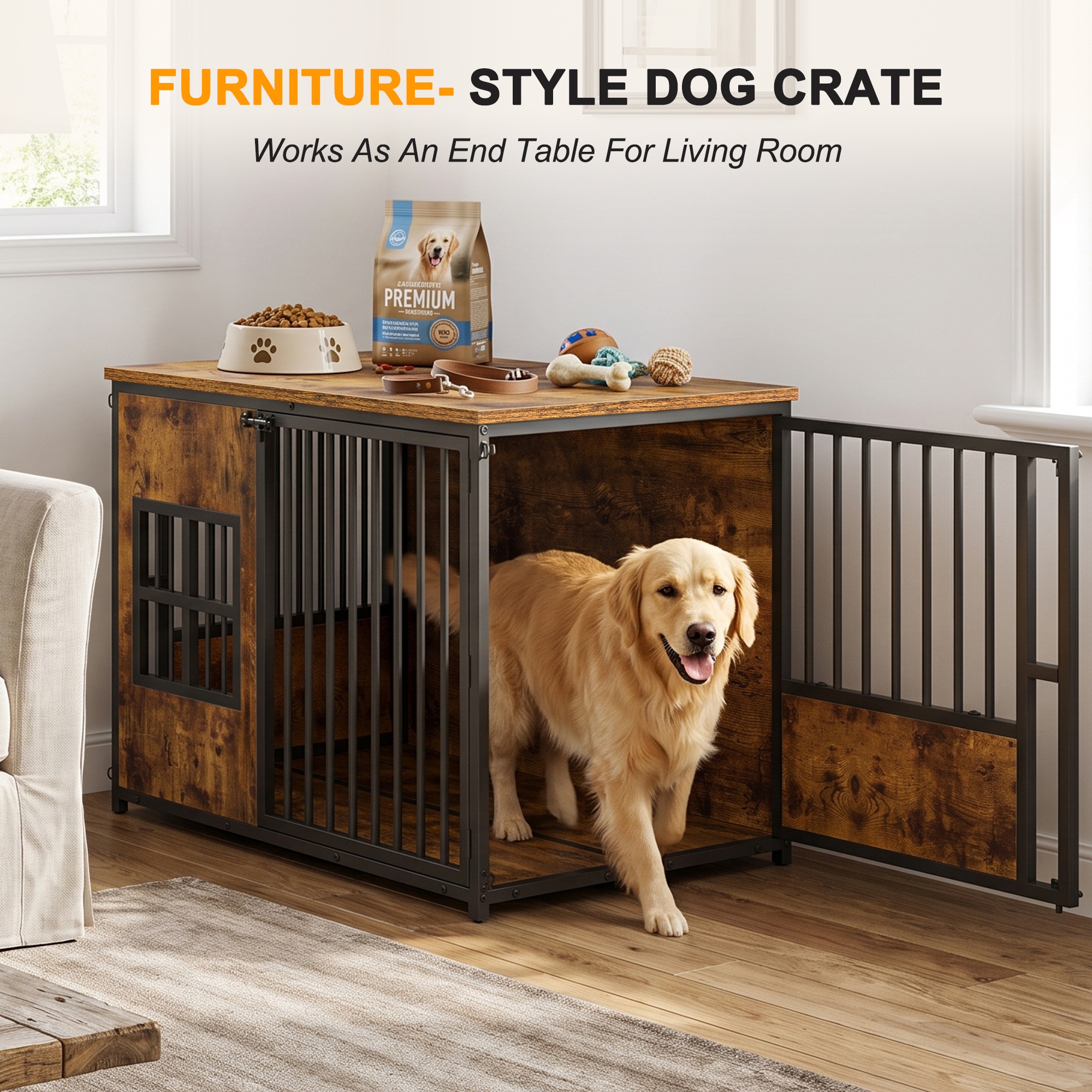 Wooden Dog Crate Furniture, Large Dog Kennel with Storage Top, Indoor Pet Cage image 8