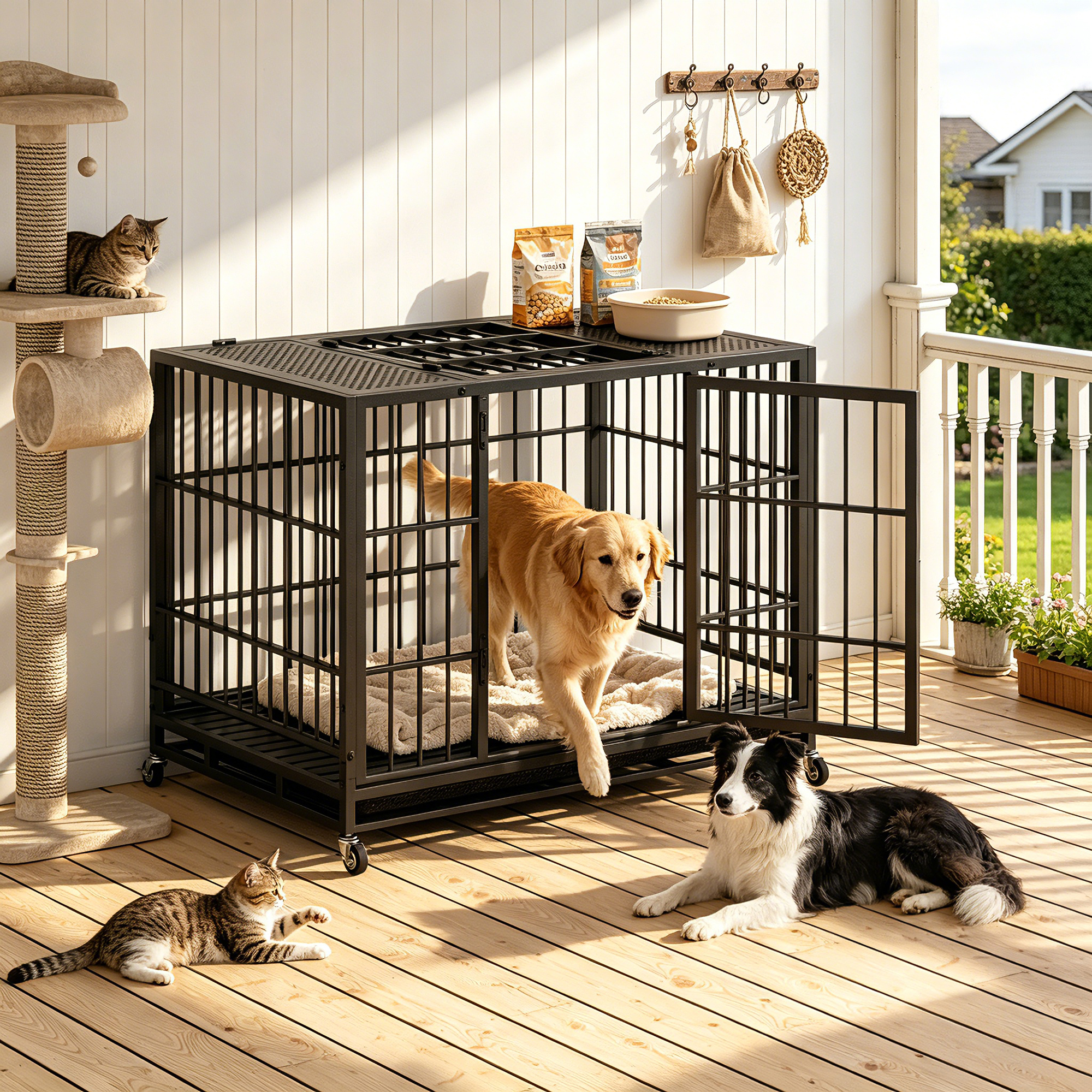 Heavy Duty Dog Crate , Mobile Pet Kennel with Lockable Wheels & Rotary Twist-Latch, Indoor Outdoor Metal Cage with Perforated Top image 11