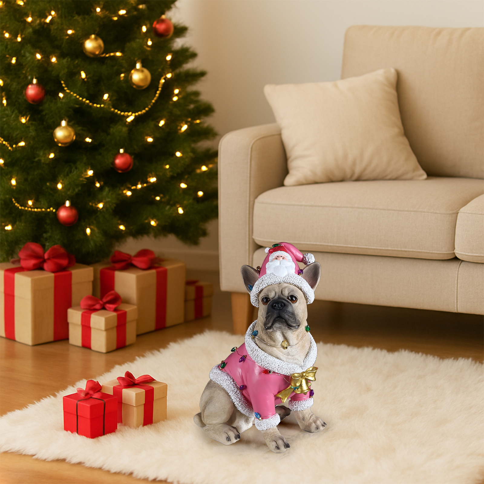 Christmas French Bulldog Statue,  Holiday Dog Figurine in Pink Santa Outfit, Festive Christmas Home Décor image 17