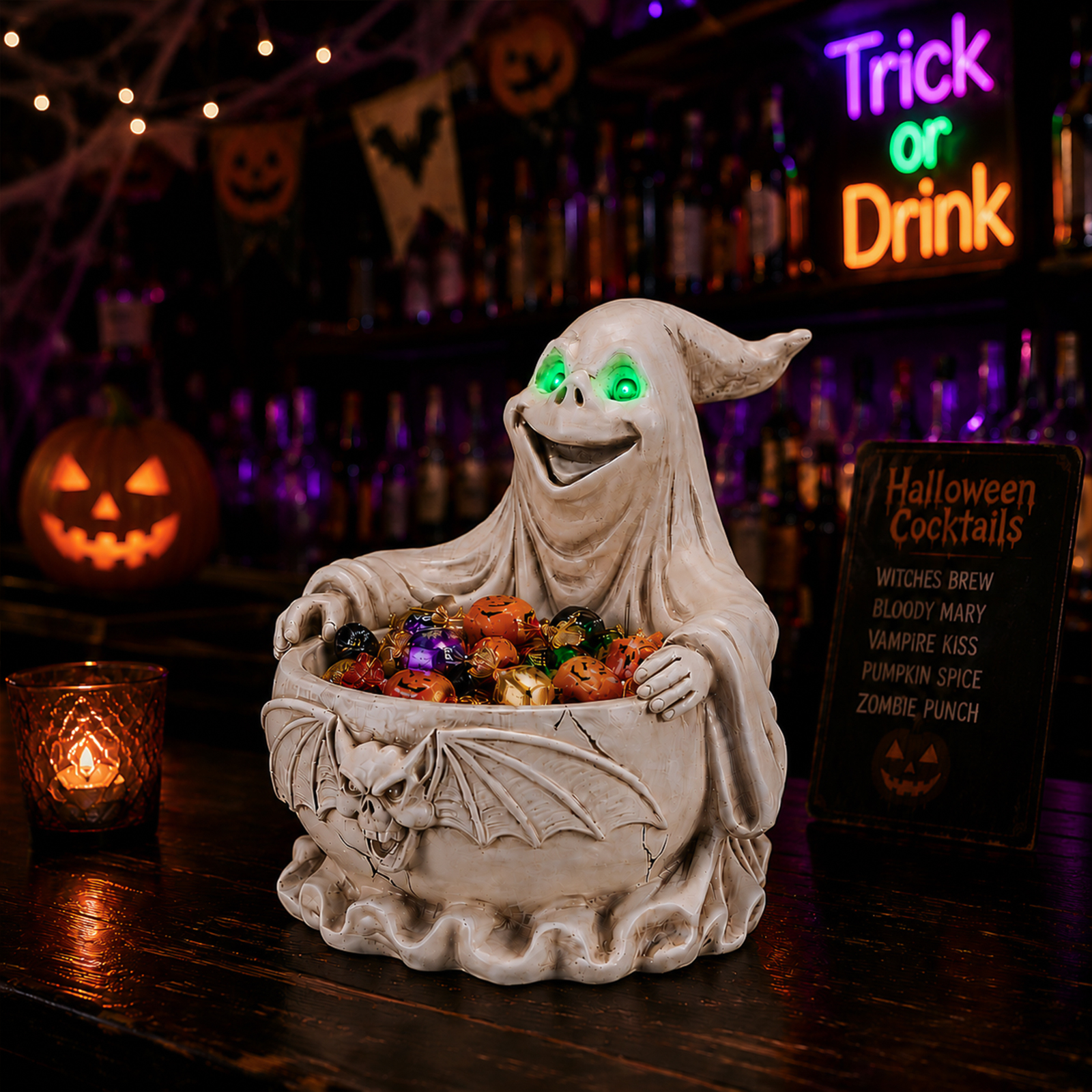 Halloween Ghost Storage Bowl Figurine, Spooky Candy Dish with LED Light for Halloween Party image 14