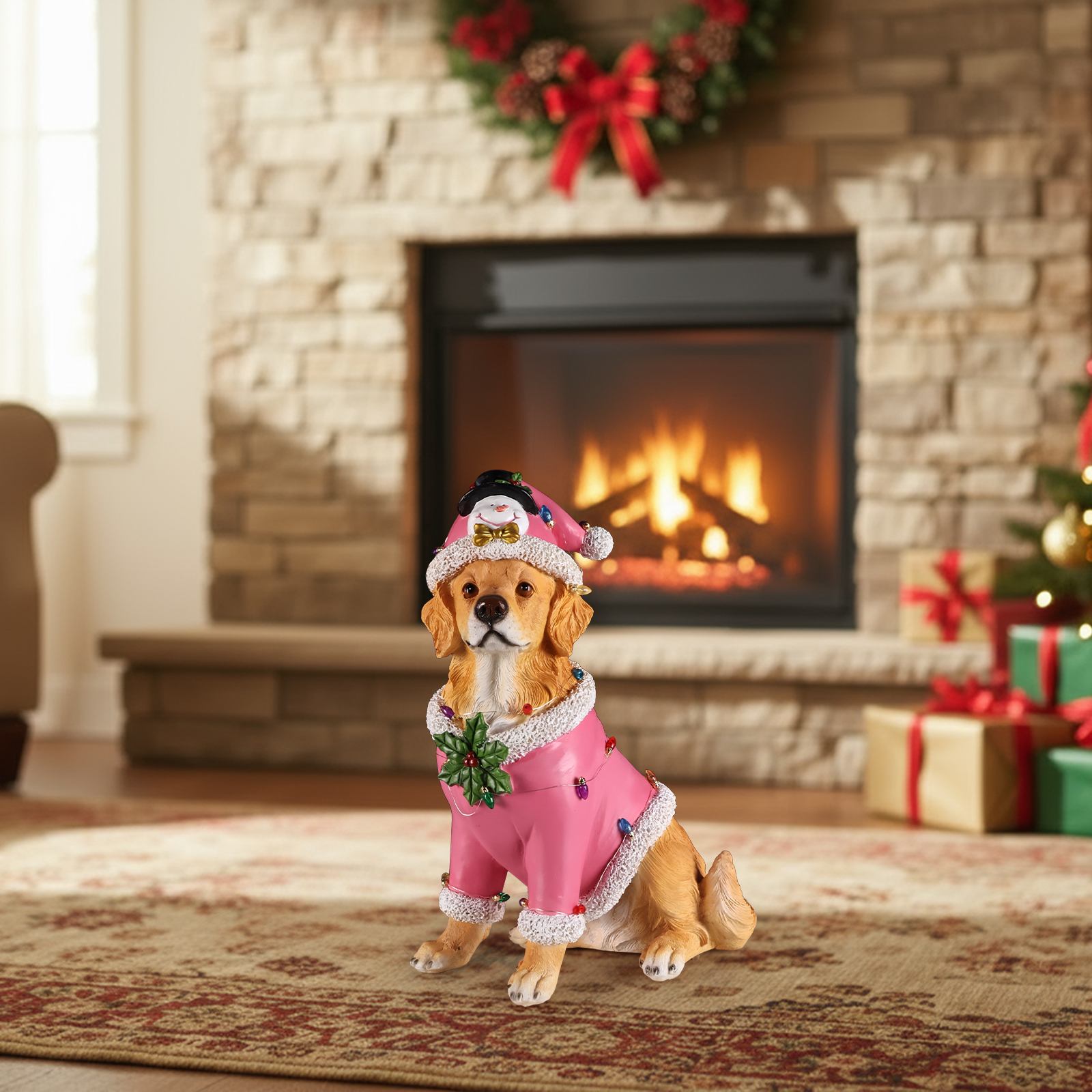 Christmas Golden Retriever Statue, Holiday Dog Figurine in Pink Santa Outfit image 9