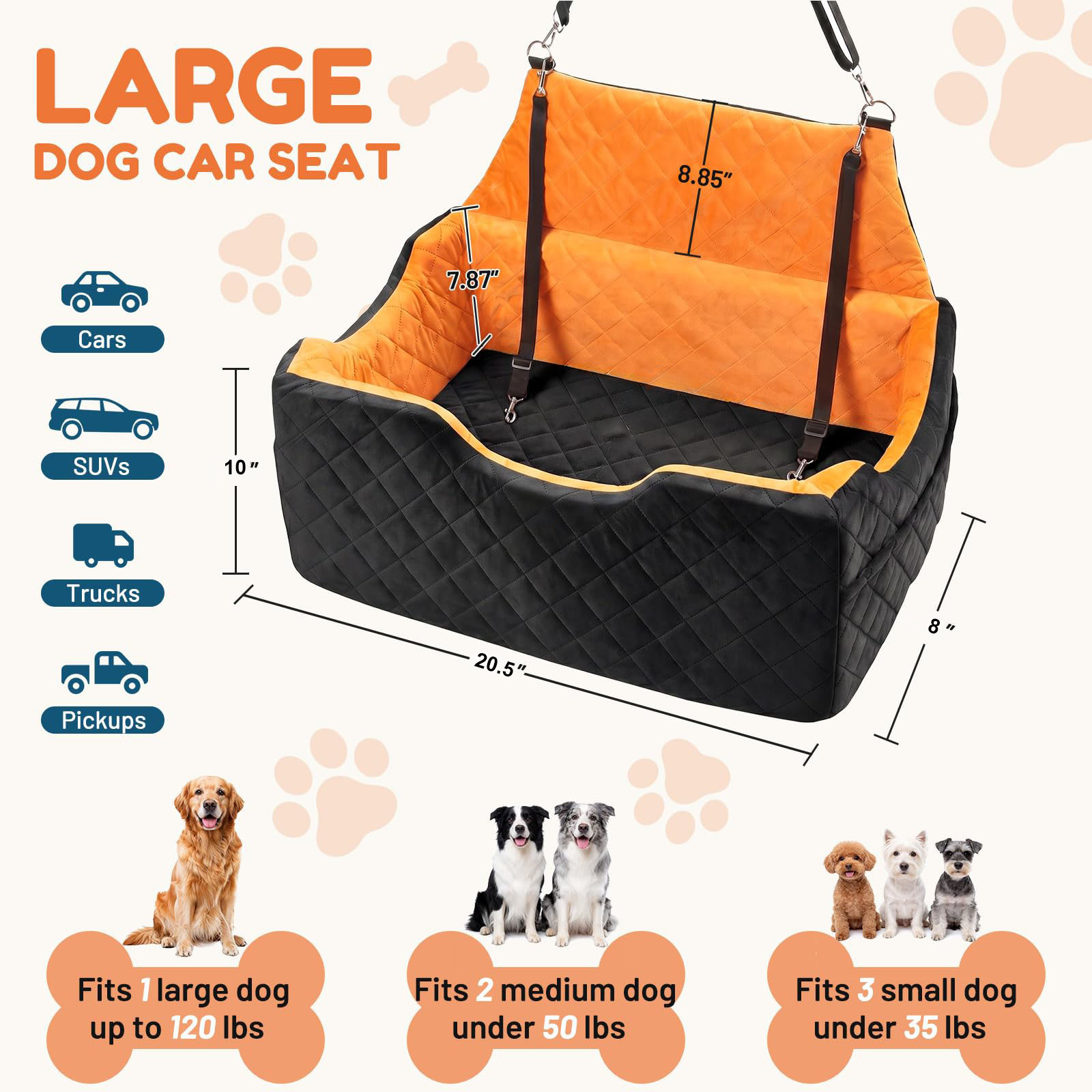Dog Car Seat For Large Medium Dogs , Memory Foam Dog Booster Seat With Storage Pocket, 2 Safety Leashes,Washable Cover, Portable Anxiety Pet Travel Bed, Black image 6