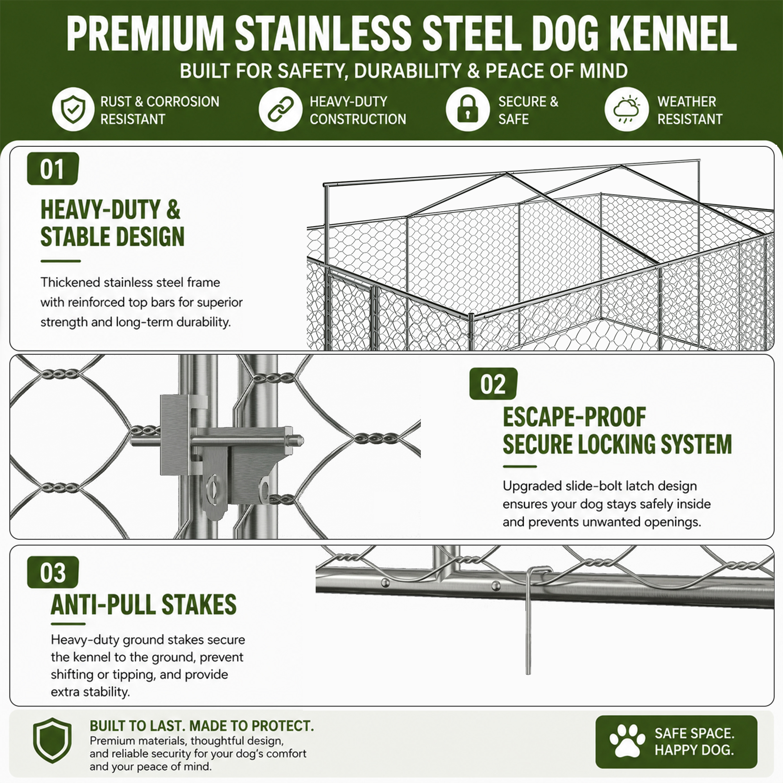 15x10 FT Large Outdoor Dog Kennel with Canopy, Heavy Duty Galvanized Steel Frame, Waterproof Cover, All-Weather Protection, Escape-Proof Lockable Pet Playpen for Large Dogs, Multiple Animals. image 3