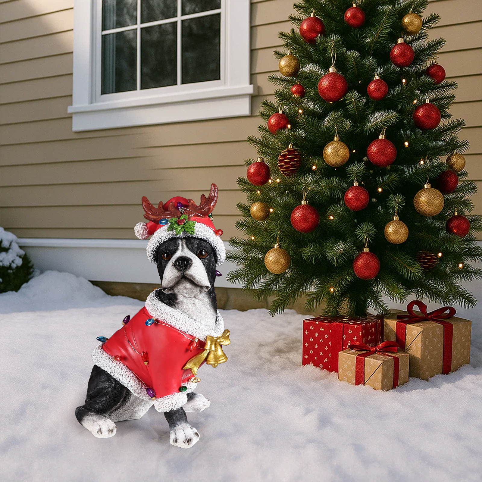 Christmas Boston Terrier Statue, Holiday Dog Figurine in Santa Outfit image 13
