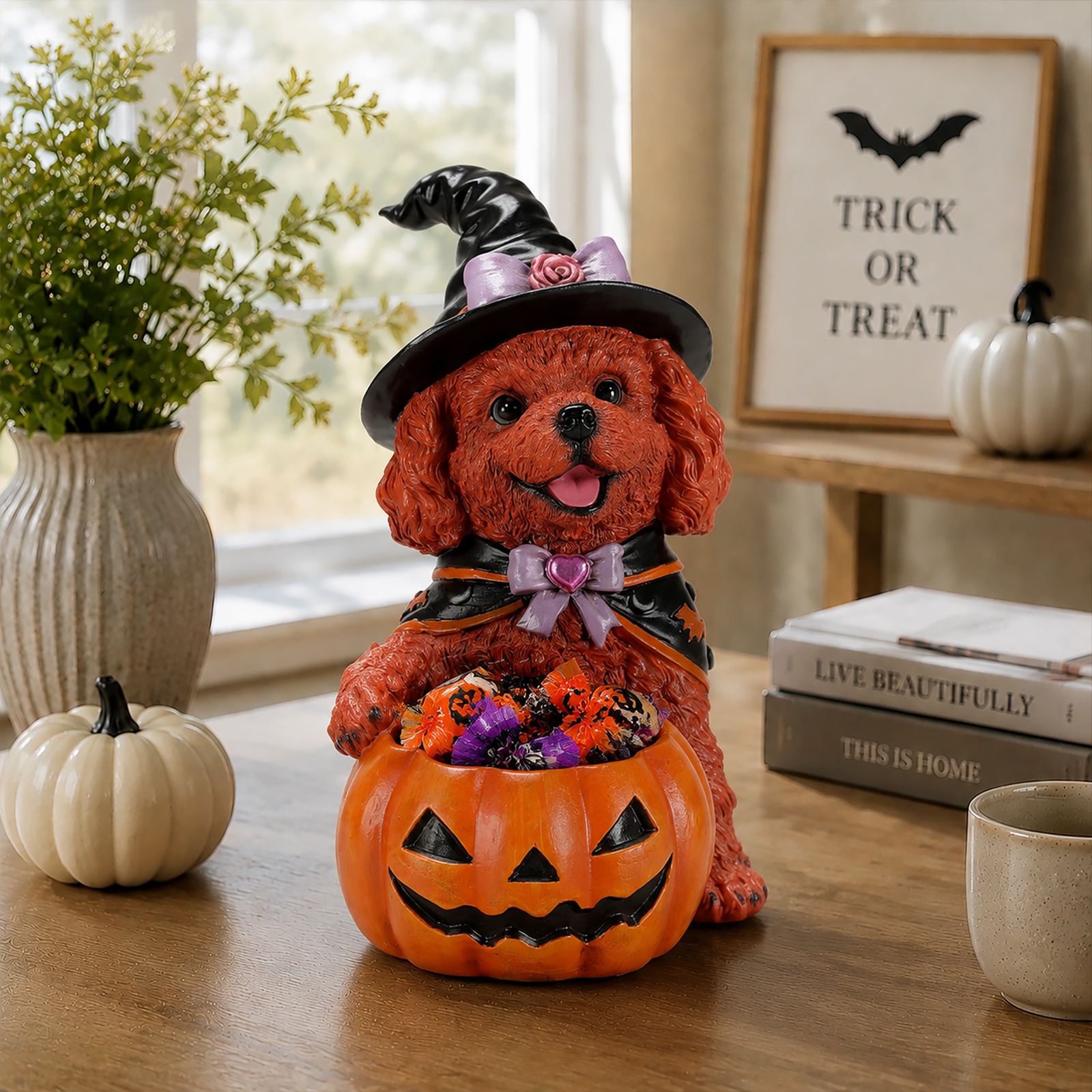 Halloween Puppy Witch Figurine With Pumpkin Bowl image 13