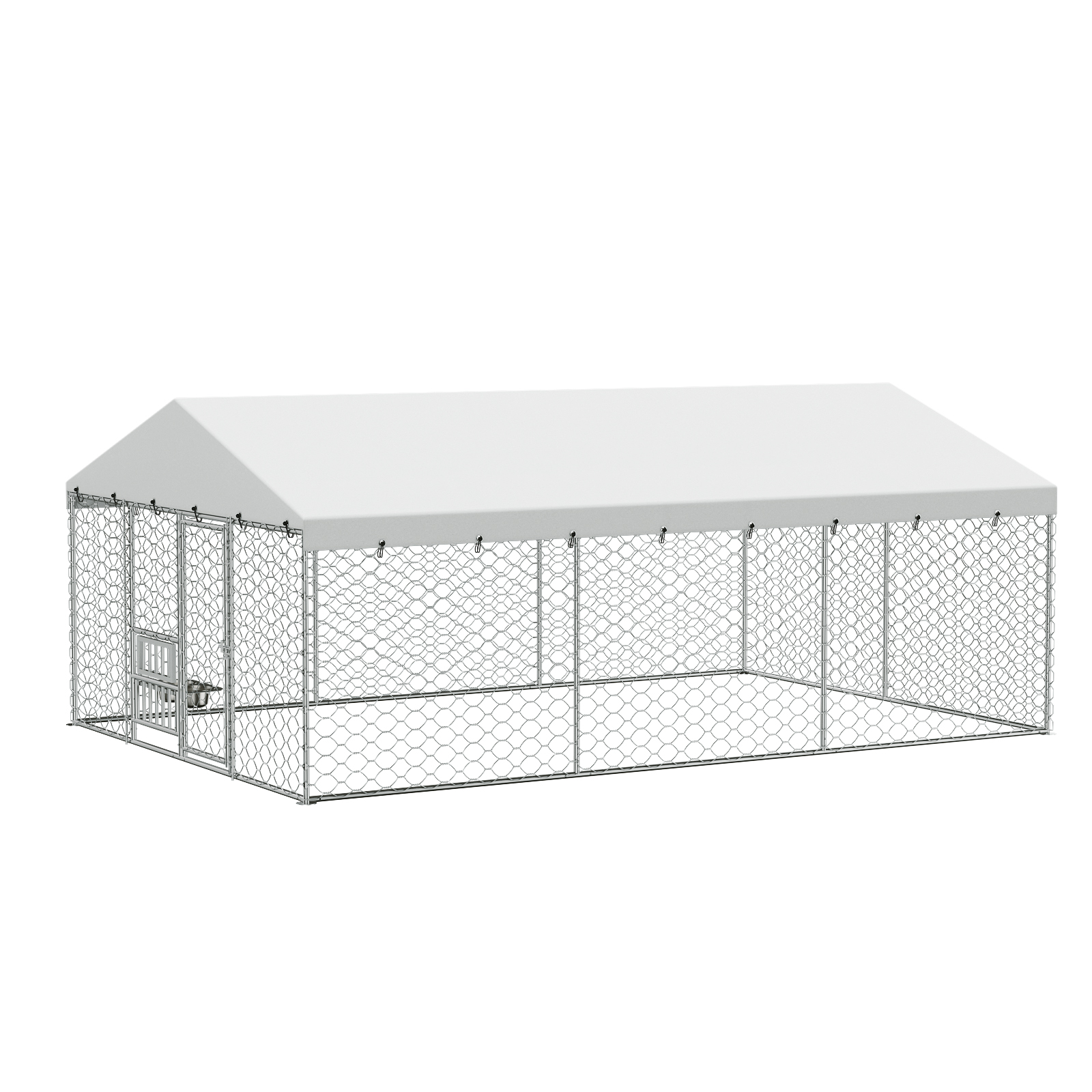15x10 FT Large Outdoor Dog Kennel with Canopy, Heavy Duty Galvanized Steel Frame, Waterproof Cover, Built-in Elevated Feeding Bowls, Escape-Proof Lockable Pet Playpen for Large Dogs & Multiple Animal image 6