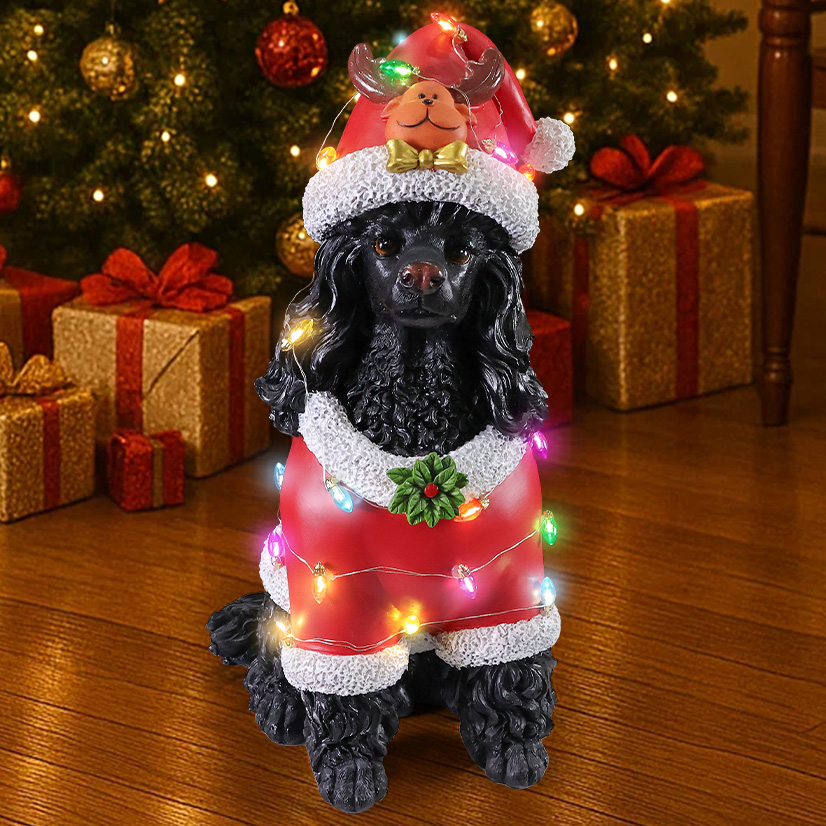 Christmas Black Poodle Statue, Holiday Dog Figurine in Red Santa Outfit image 4
