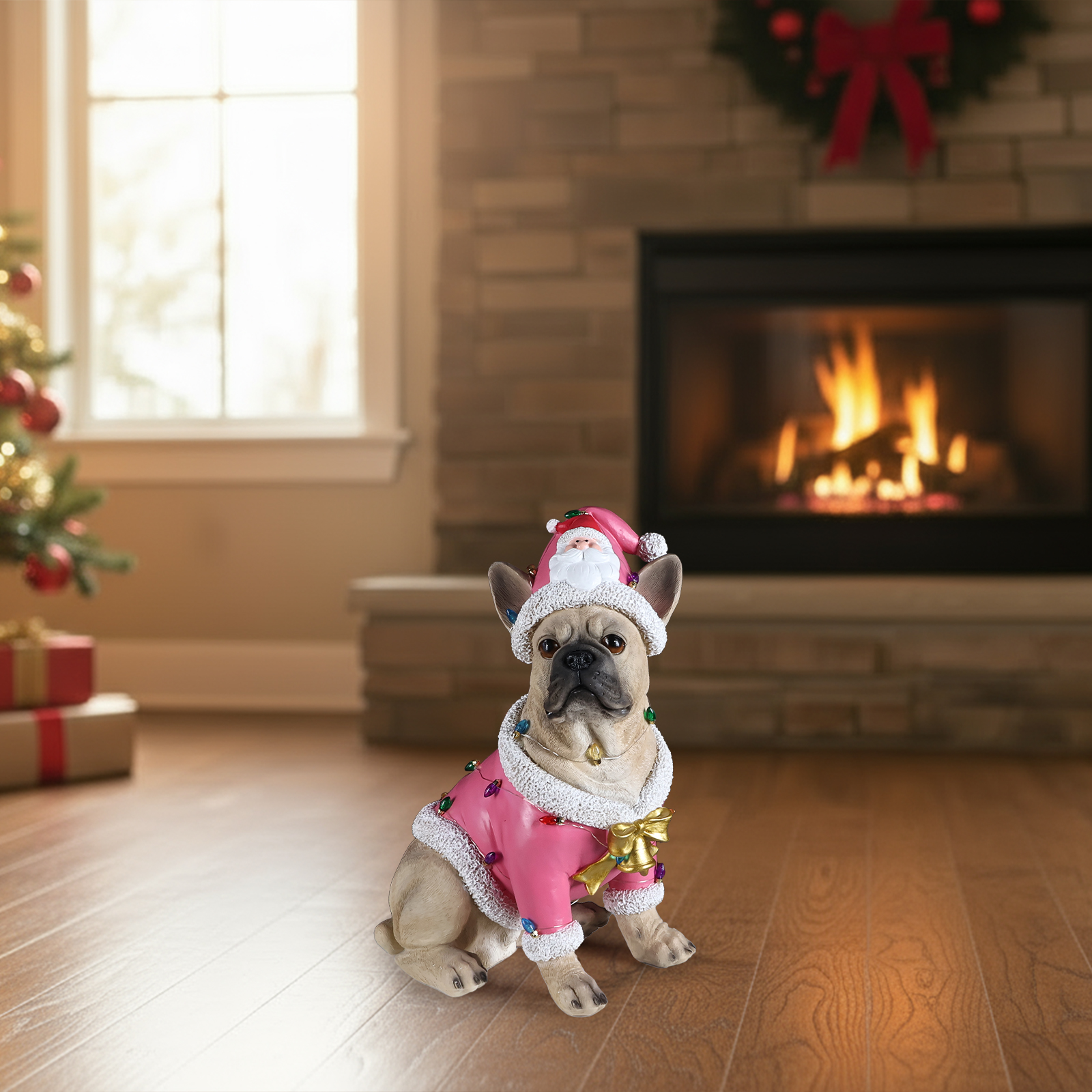 Christmas French Bulldog Statue,  Holiday Dog Figurine in Pink Santa Outfit, Festive Christmas Home Décor image 6