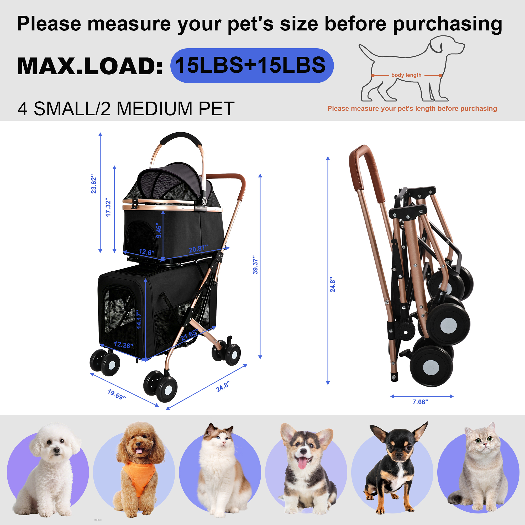 3-in-1 Double Pet Stroller For Small Medium Dogs Cats, Foldable Frame Convertible Pet Carrier Tote, Shockproof Wheels With Brake System, Dual Fixed Safety Leashes For Multi-Pet Households image 10