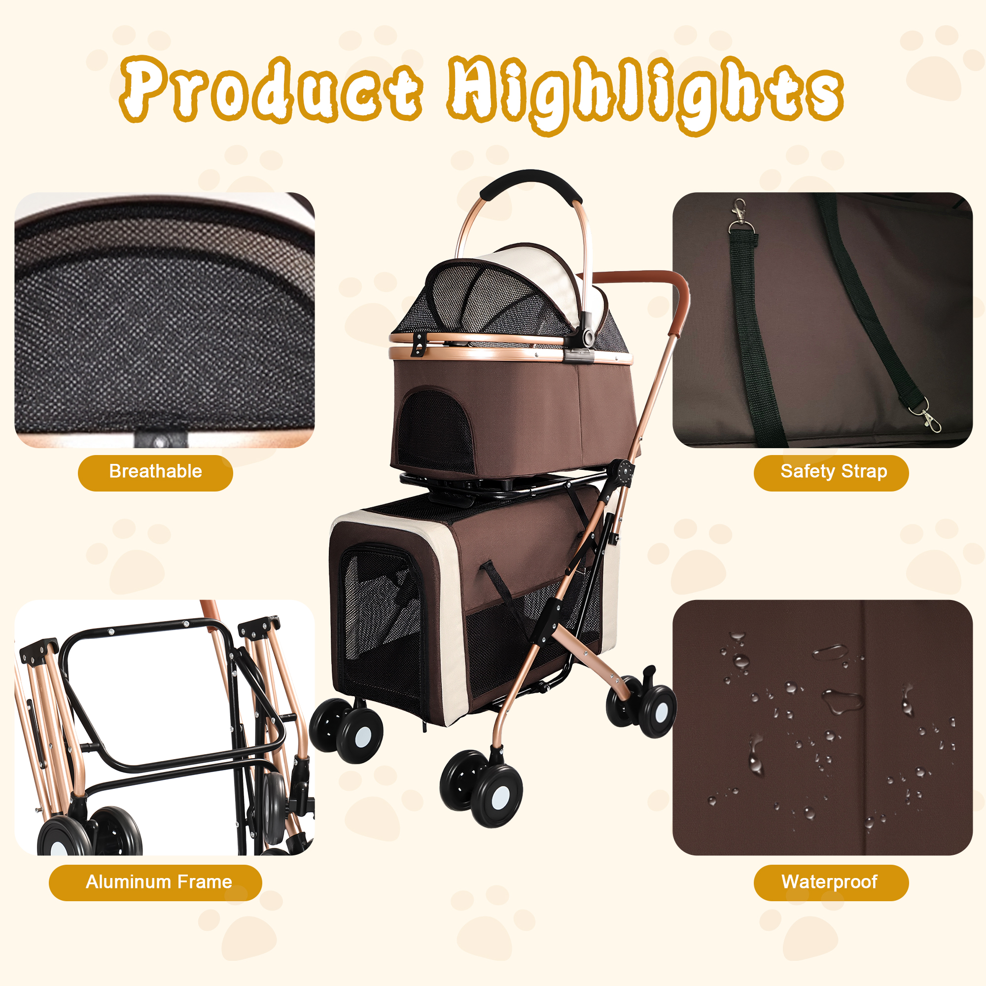 3-in-1 Double Pet Stroller For Small Medium Dogs Cats, Foldable Frame Convertible Pet Carrier Tote, Shockproof Wheels With Brake System, Dual Fixed Safety Leashes For Multi-Pet Households image 4