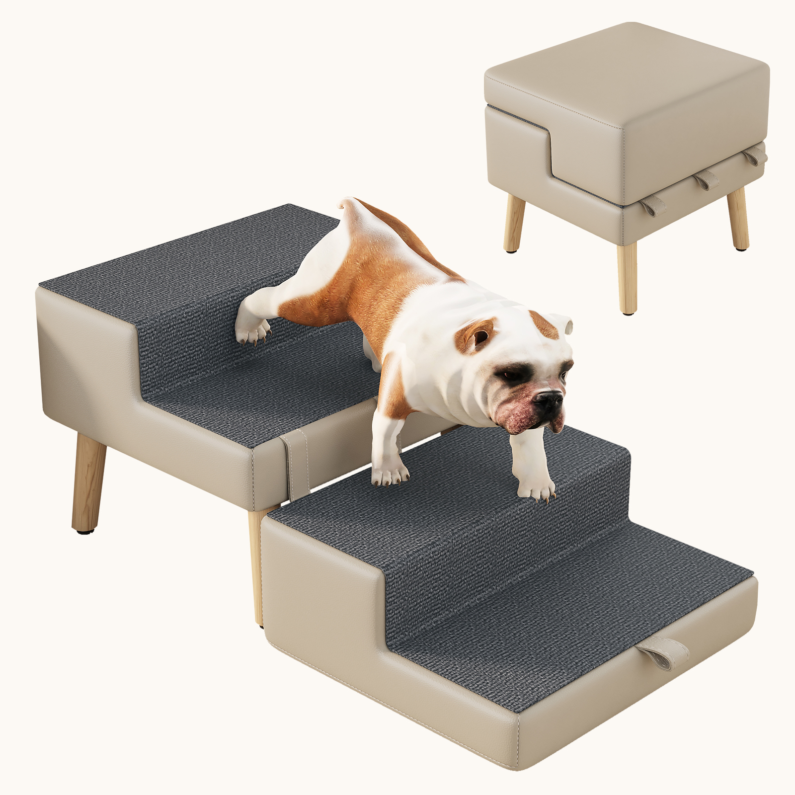 4-Step Ottoman Dog Stairs, 2-in-1 Foldable Pet Ramp for Bed,  Dog Ramp for Small Puppy and Cats, Sturdy Wood Frame Support with Non-slip walking surface, Holds Up To 220lbs ( Light Grey Color ) image 19
