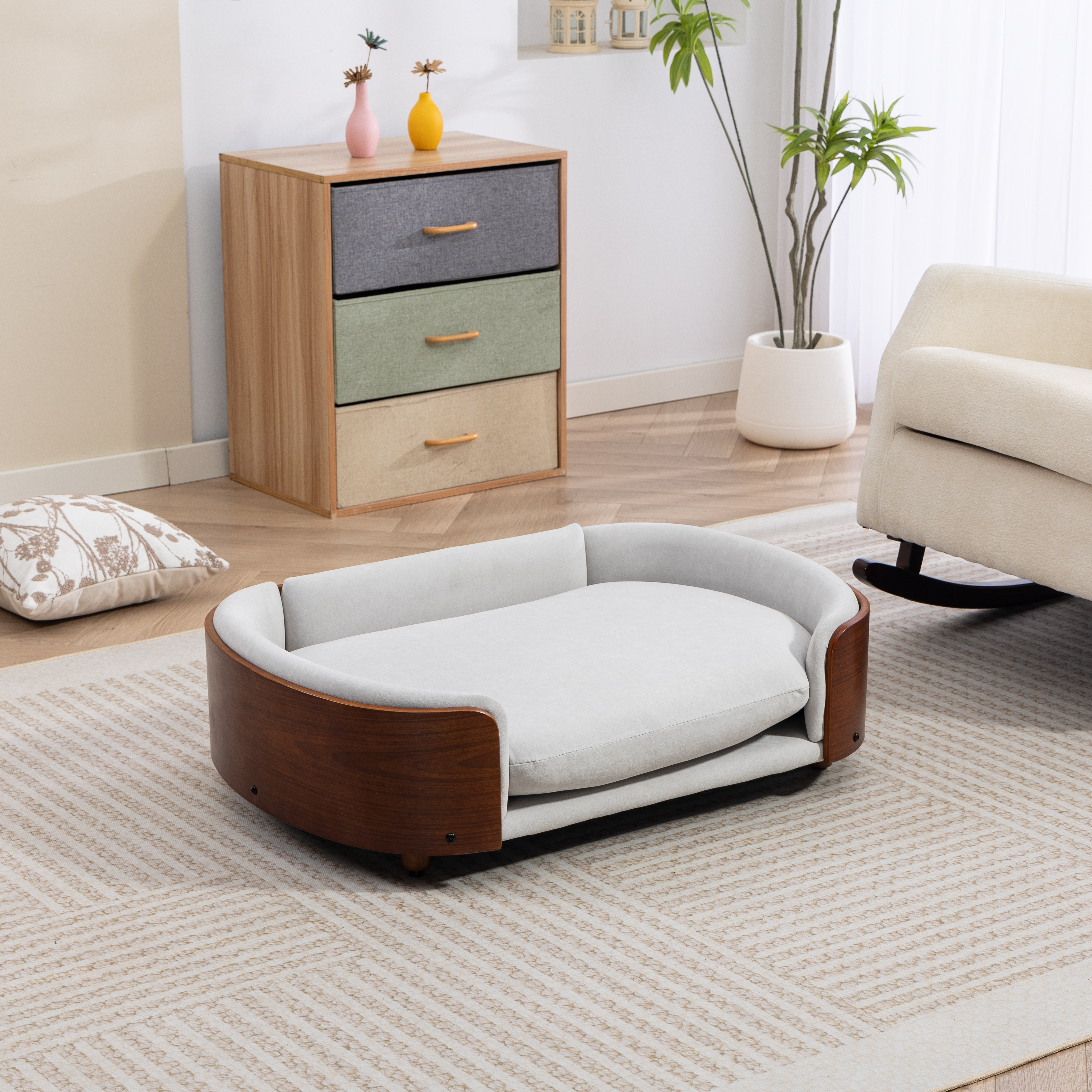 Scandinavian style Elevated Dog Bed Pet Sofa With Solid Wood legs and Walnut Bent Wood Back, Velvet Light Gray,Large Size image 3