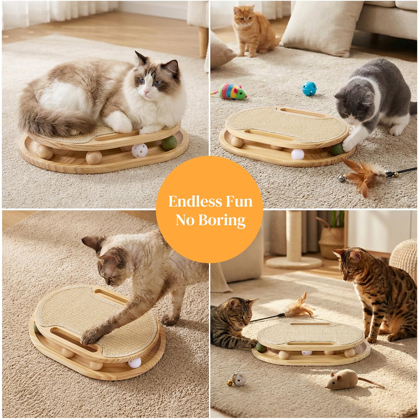 Cat Scratcher With Ball Track Toy, Sisal Scratch Pad For Indoor Use  Wooden Interactive Cat Puzzle Toys For Adult Cats, Kitten Mental Stimulation Self Play Home Enrichment, Spinning Balls image 4