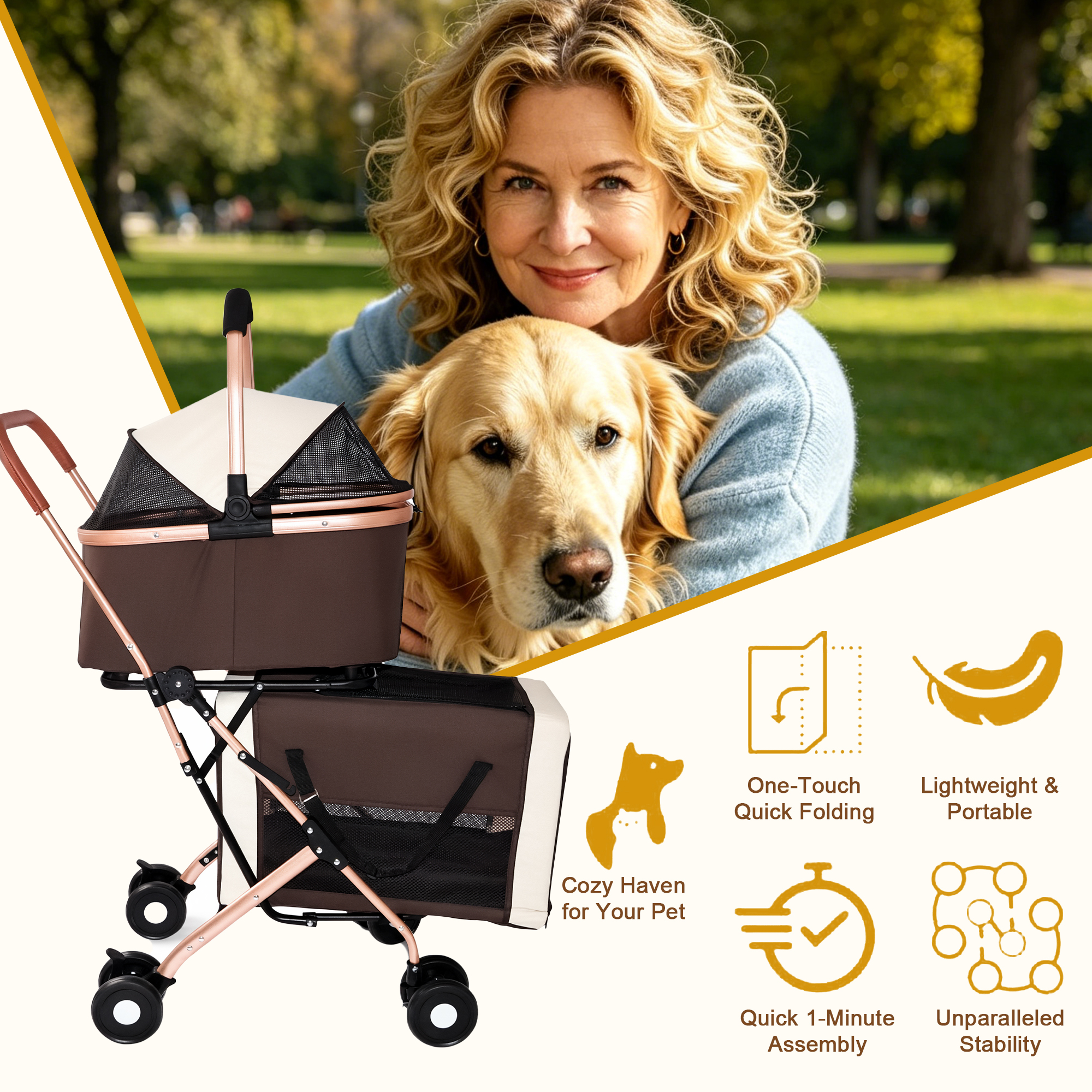 3-in-1 Double Pet Stroller For Small Medium Dogs Cats, Foldable Frame Convertible Pet Carrier Tote, Shockproof Wheels With Brake System, Dual Fixed Safety Leashes For Multi-Pet Households image 9