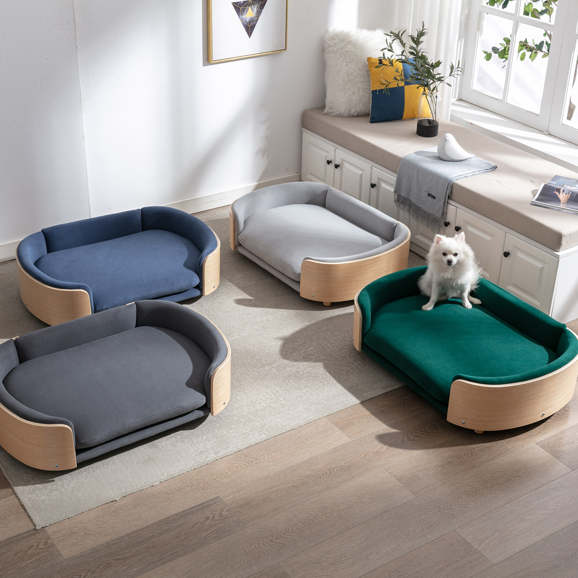 Scandinavian style Elevated Dog Bed Pet Sofa With Solid Wood legs and Bent Wood Back, Velvet Cushion,Large Size image 24