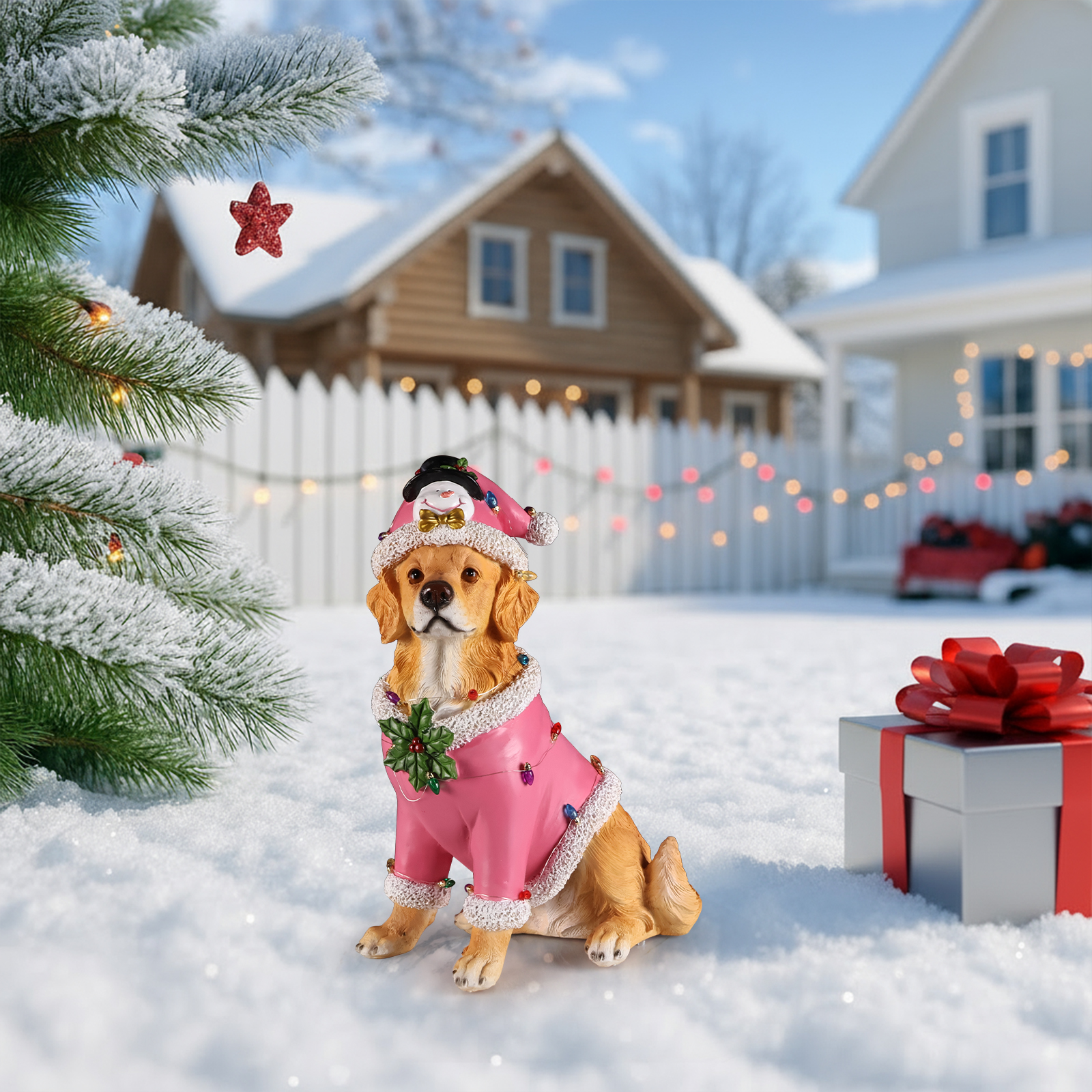 Christmas Golden Retriever Statue, Holiday Dog Figurine in Pink Santa Outfit image 19