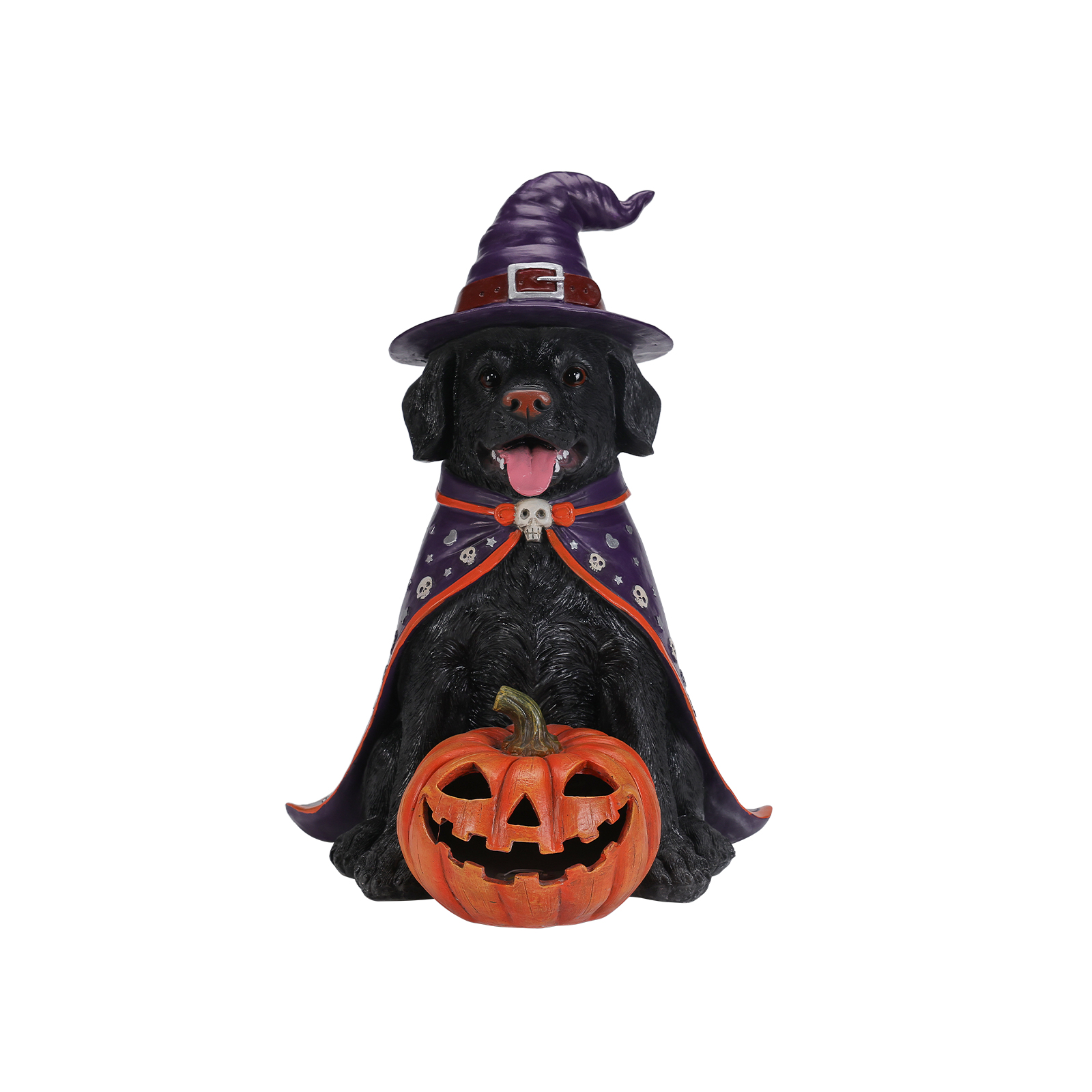 Halloween Black Labrador Retriever Dog Statue, Large Sitting Dog Figurine with Witch Hat & Cape, LED Light Up Jack-O-Lantern Pumpkin image 18
