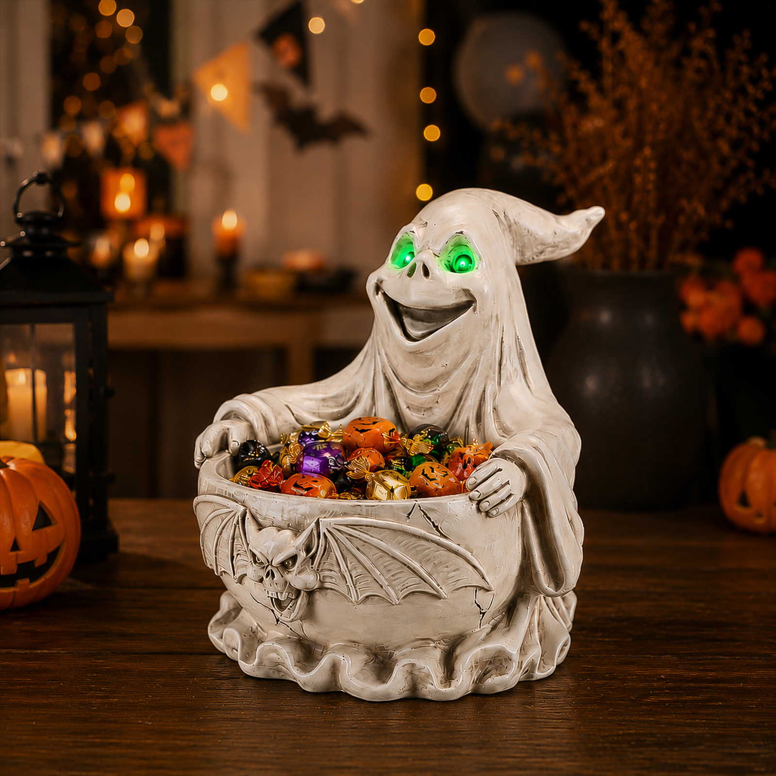 Halloween Ghost Storage Bowl Figurine, Spooky Candy Dish with LED Light for Halloween Party image 19