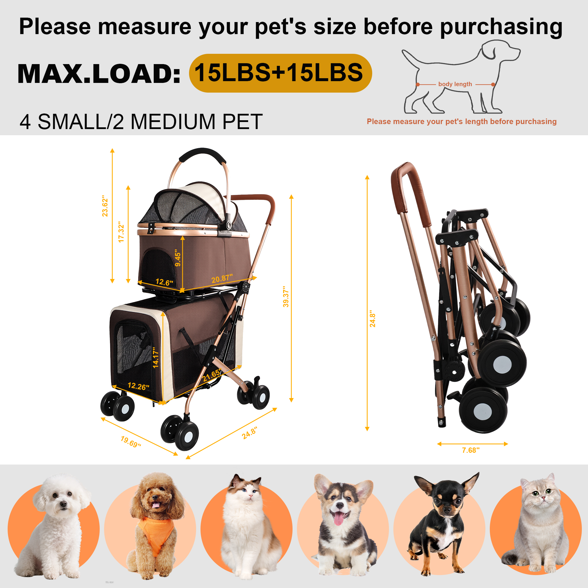 3-in-1 Double Pet Stroller For Small Medium Dogs Cats, Foldable Frame Convertible Pet Carrier Tote, Shockproof Wheels With Brake System, Dual Fixed Safety Leashes For Multi-Pet Households image 13
