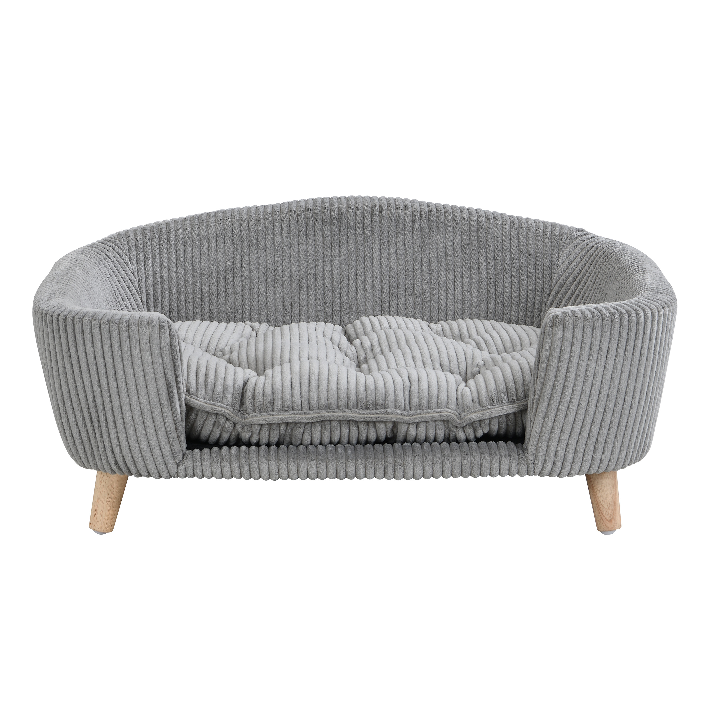Elevated Dog Bed Frame for Small Dog, Corduroy Pet Couch Bed with Rubber Wood Legs and Supportive Foam, Grey, Easy Assembly image 11