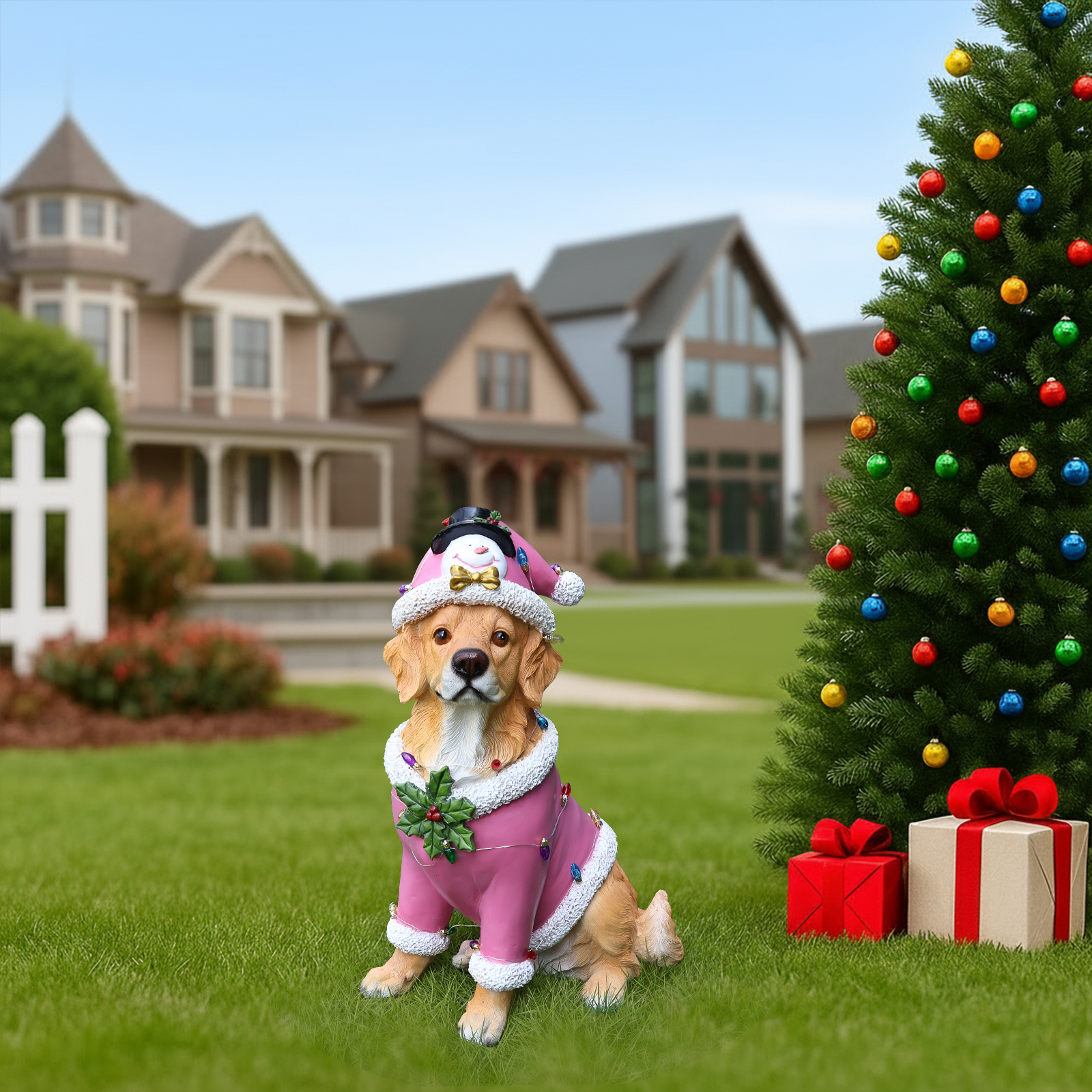 Christmas Golden Retriever Statue, Holiday Dog Figurine in Pink Santa Outfit image 26