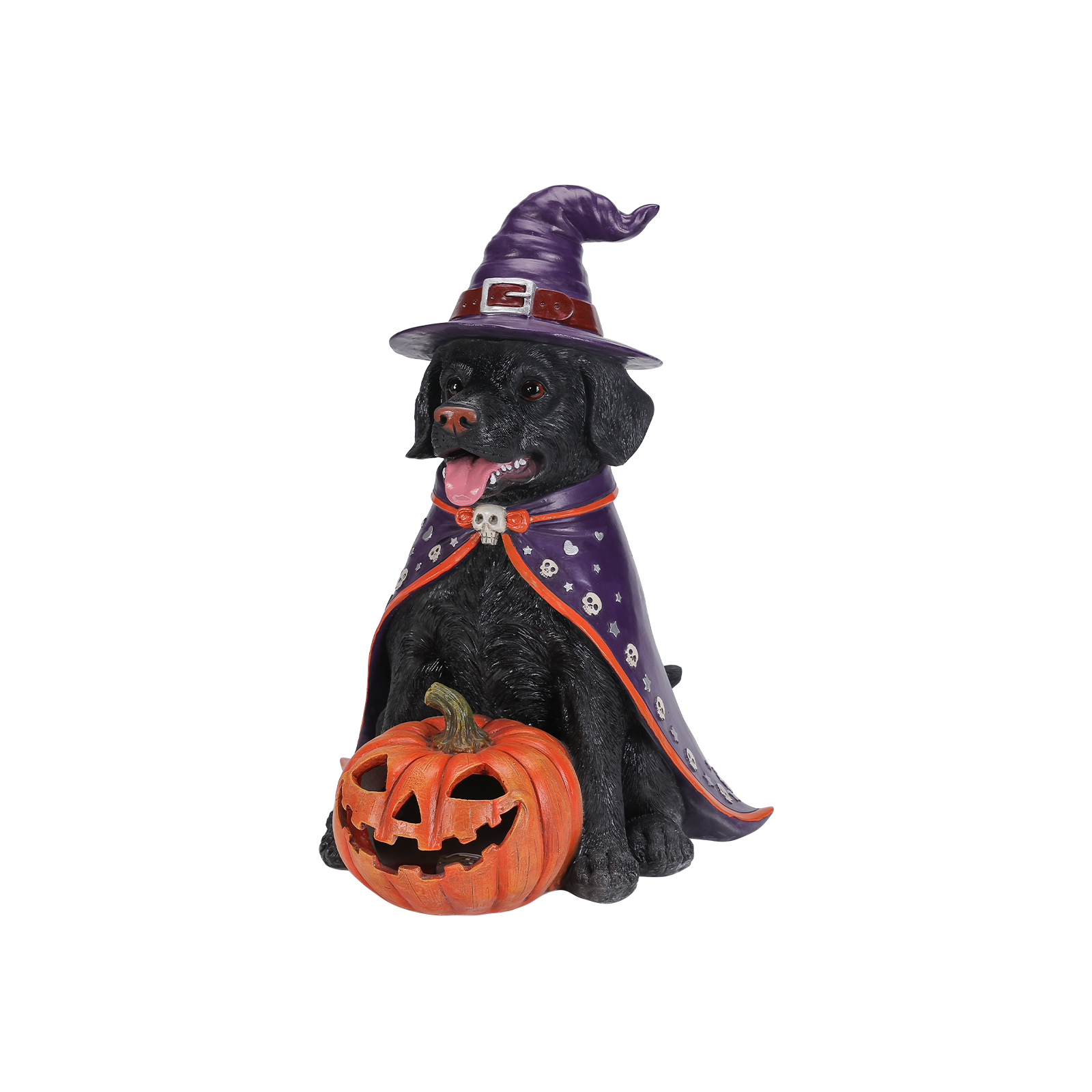 Halloween Black Labrador Retriever Dog Statue, Large Sitting Dog Figurine with Witch Hat & Cape, LED Light Up Jack-O-Lantern Pumpkin image 17