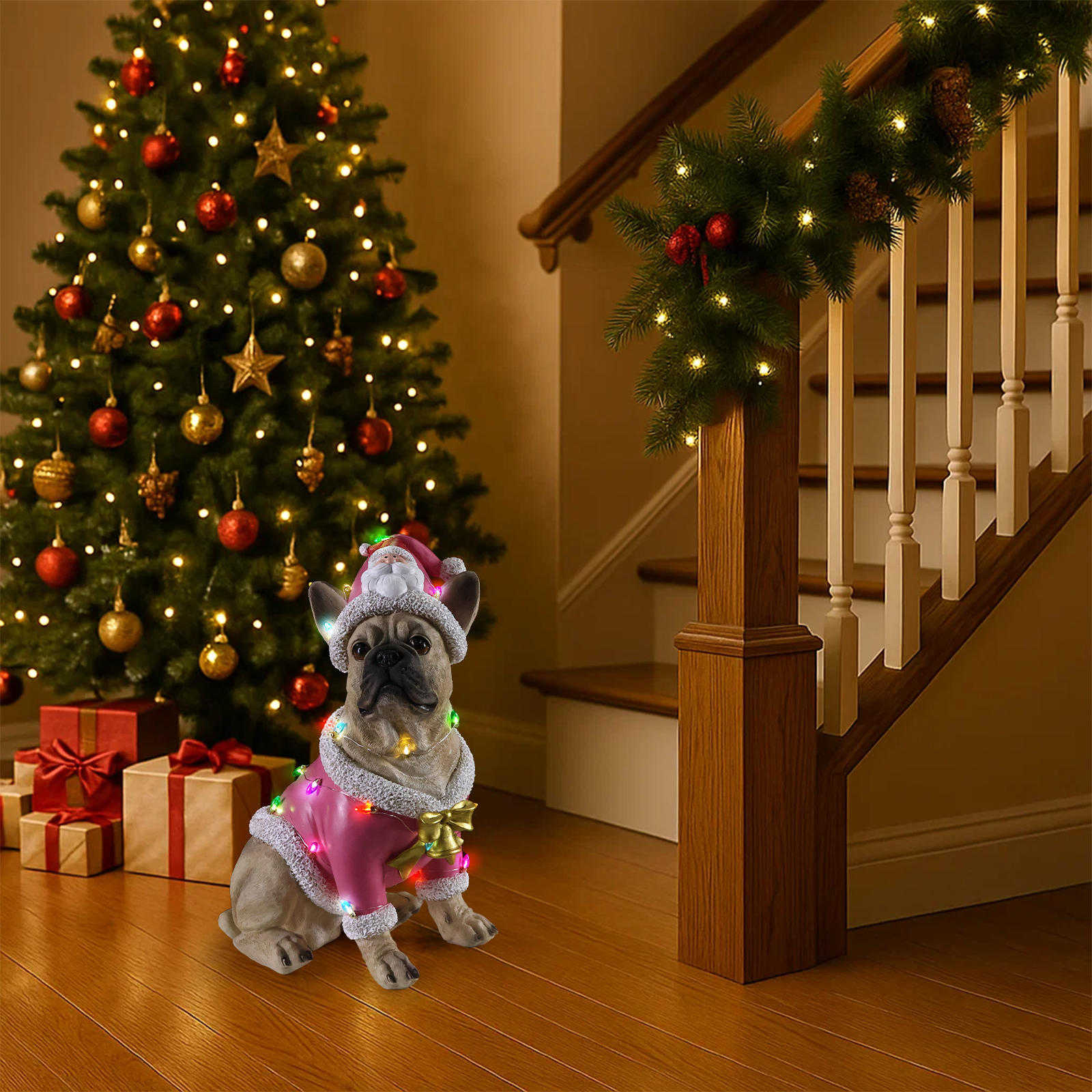 Christmas French Bulldog Statue,  Holiday Dog Figurine in Pink Santa Outfit, Festive Christmas Home Décor image 18