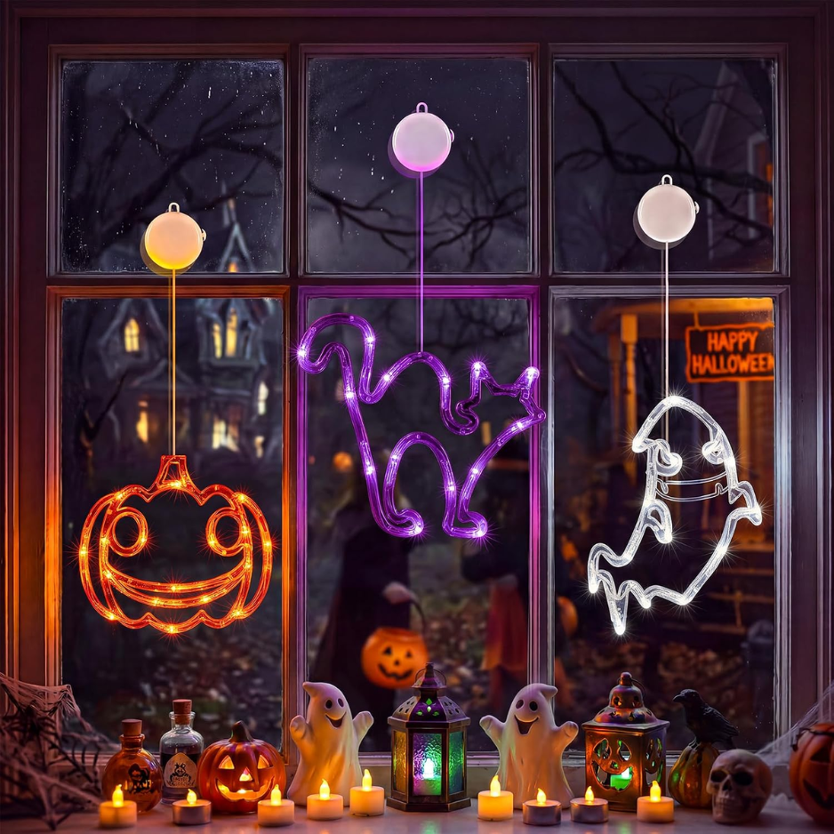 3 Pack Halloween Window Lights, Pumpkin, Ghost & Cat