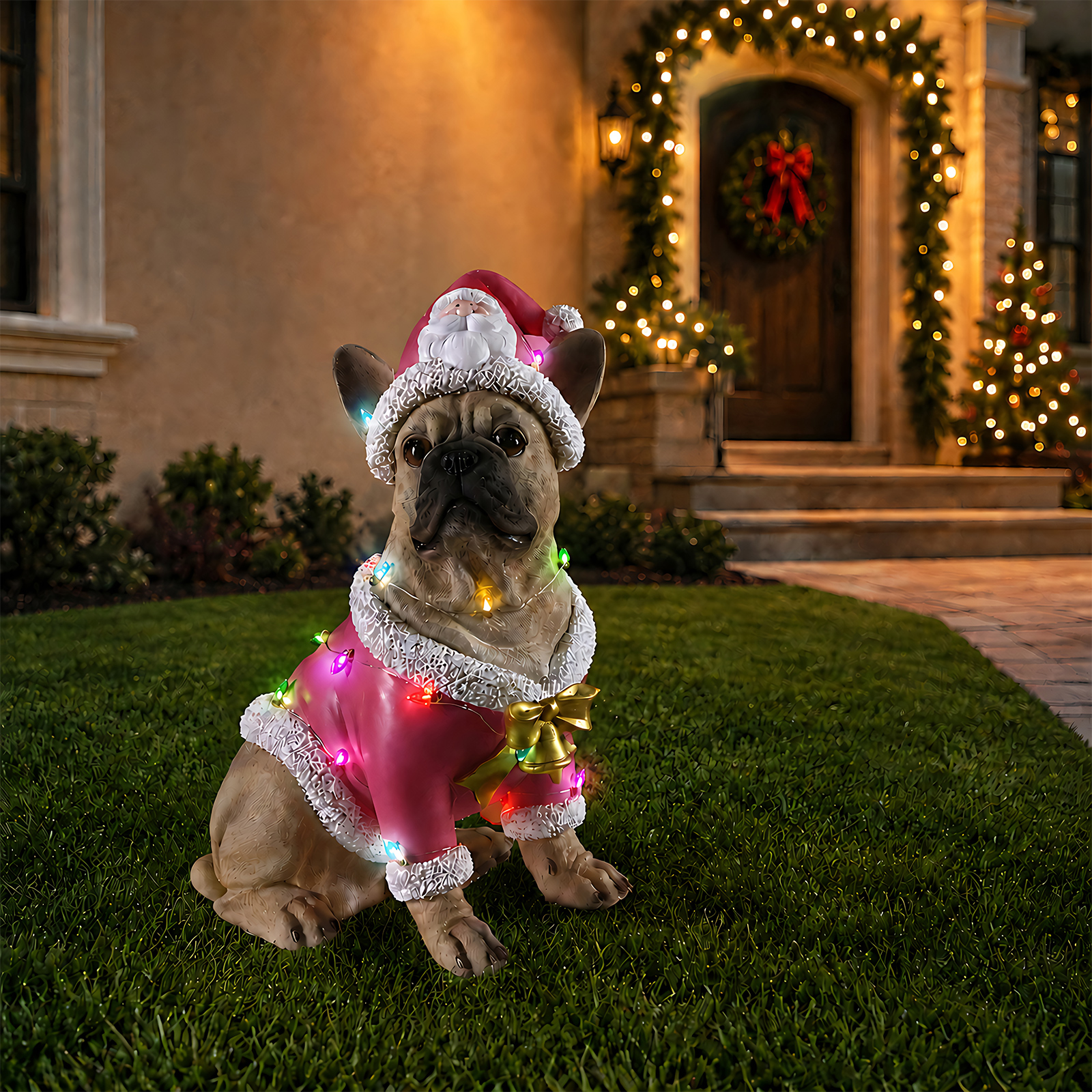 Christmas French Bulldog Statue,  Holiday Dog Figurine in Pink Santa Outfit, Festive Christmas Home Décor image 25
