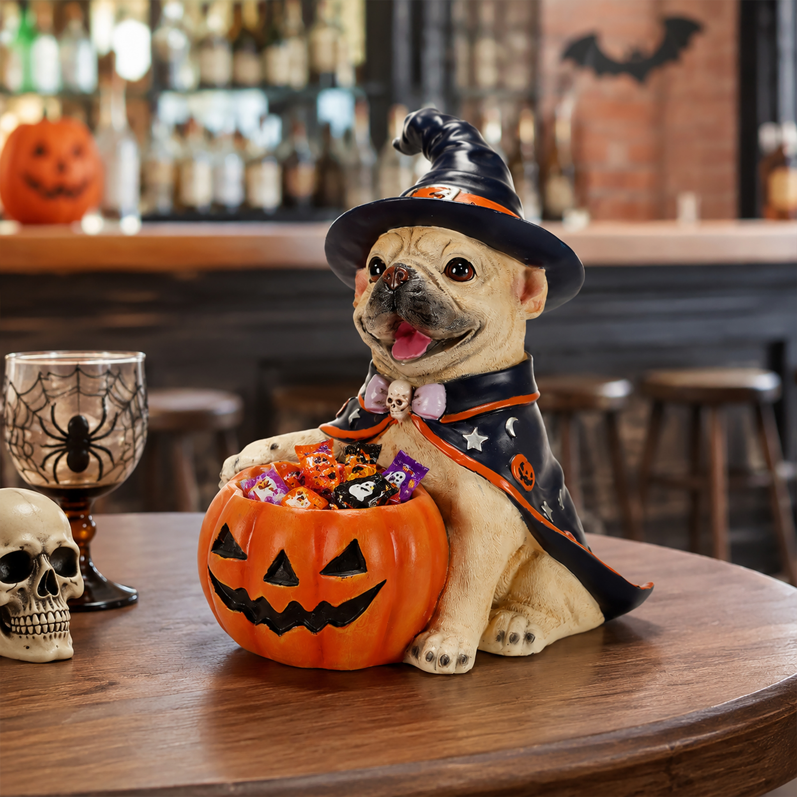 Halloween Frenchie Witch Puppy Figurine, Cute Dog Holding Pumpkin Candy Bowl Decoration image 12