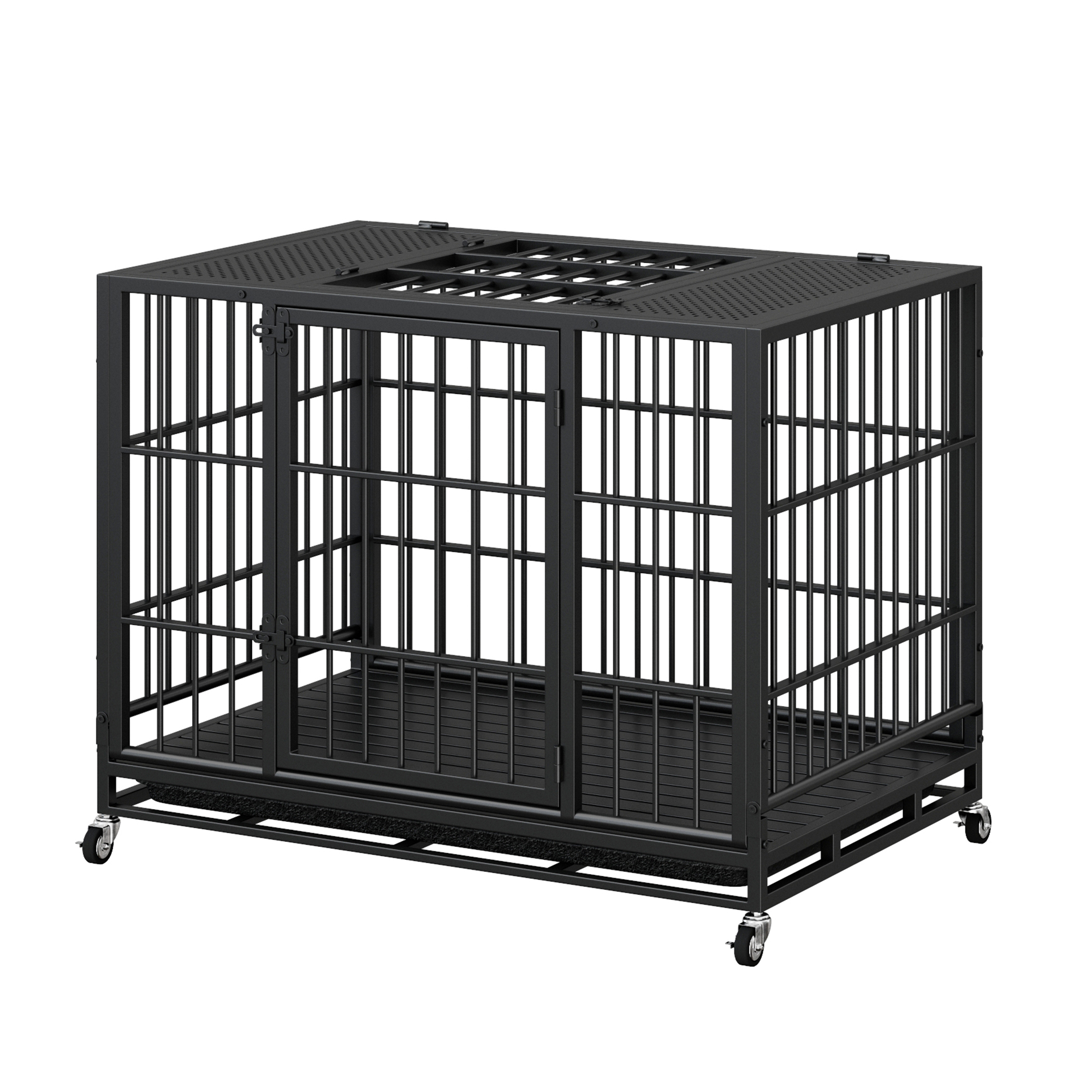 Heavy Duty Dog Crate , Mobile Pet Kennel with Lockable Wheels & Rotary Twist-Latch, Indoor Outdoor Metal Cage with Perforated Top image 6
