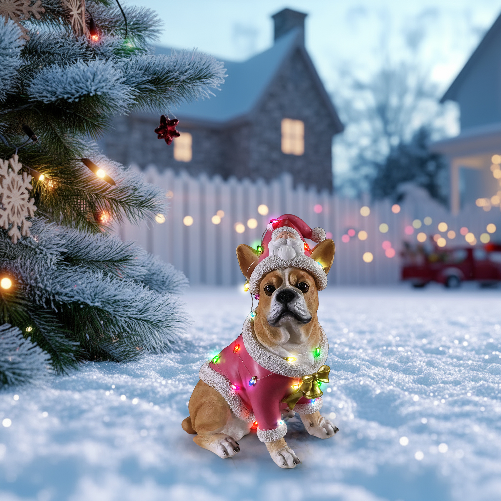 Christmas French Bulldog Statue,Holiday Dog Figurine in Pink Santa Outfit image 15