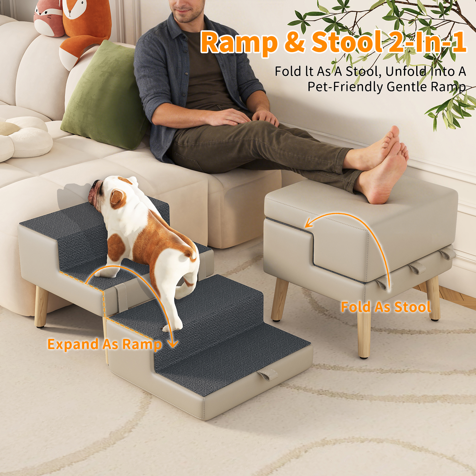 4-Step Ottoman Dog Stairs, 2-in-1 Foldable Pet Ramp for Bed,  Dog Ramp for Small Puppy and Cats, Sturdy Wood Frame Support with Non-slip walking surface, Holds Up To 220lbs ( Light Grey Color ) image 21