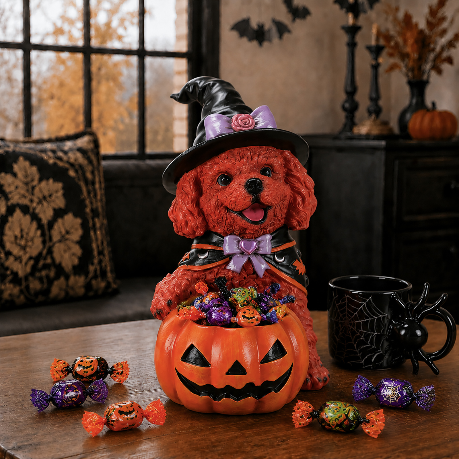Halloween Puppy Witch Figurine With Pumpkin Bowl image 3