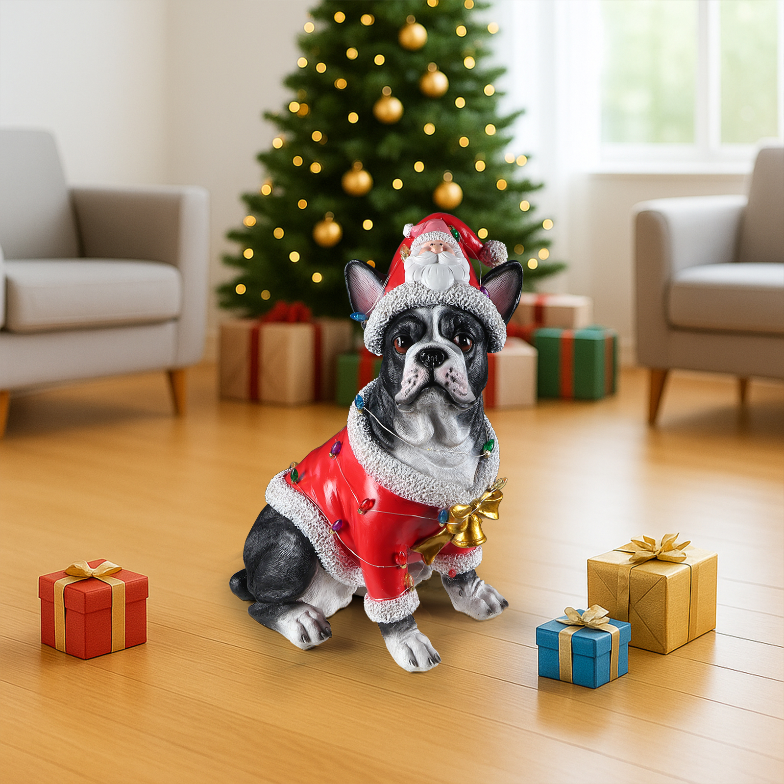 Christmas French Bulldog Statue, Holiday Dog Figurine in Santa Outfit image 8