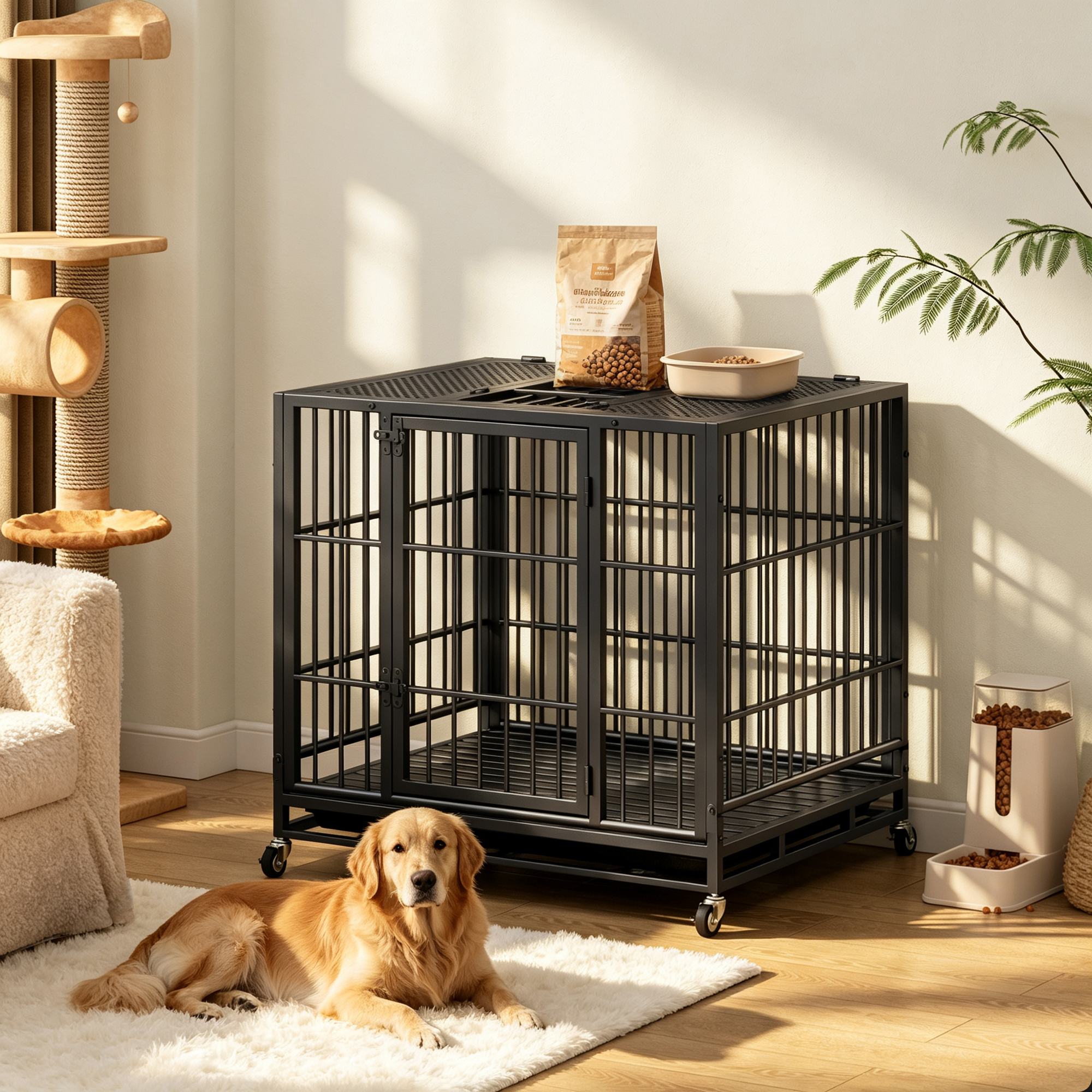 Heavy Duty Dog Crate , Mobile Pet Kennel with Lockable Wheels & Rotary Twist-Latch, Indoor Outdoor Metal Cage with Perforated Top image 5