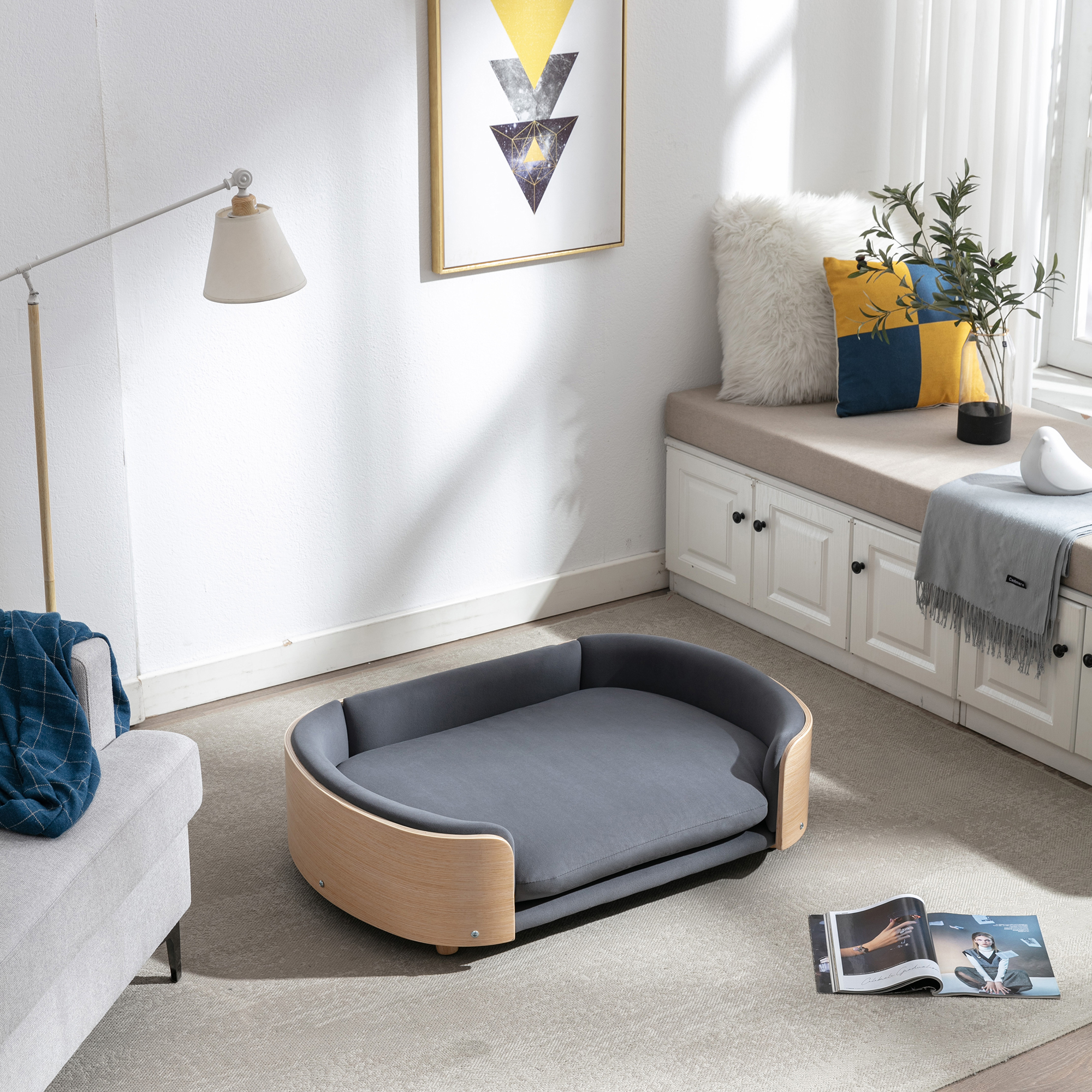 Scandinavian style Elevated Dog Bed Pet Sofa With Solid Wood legs and Bent Wood Back, Velvet Cushion,Large Size image 17
