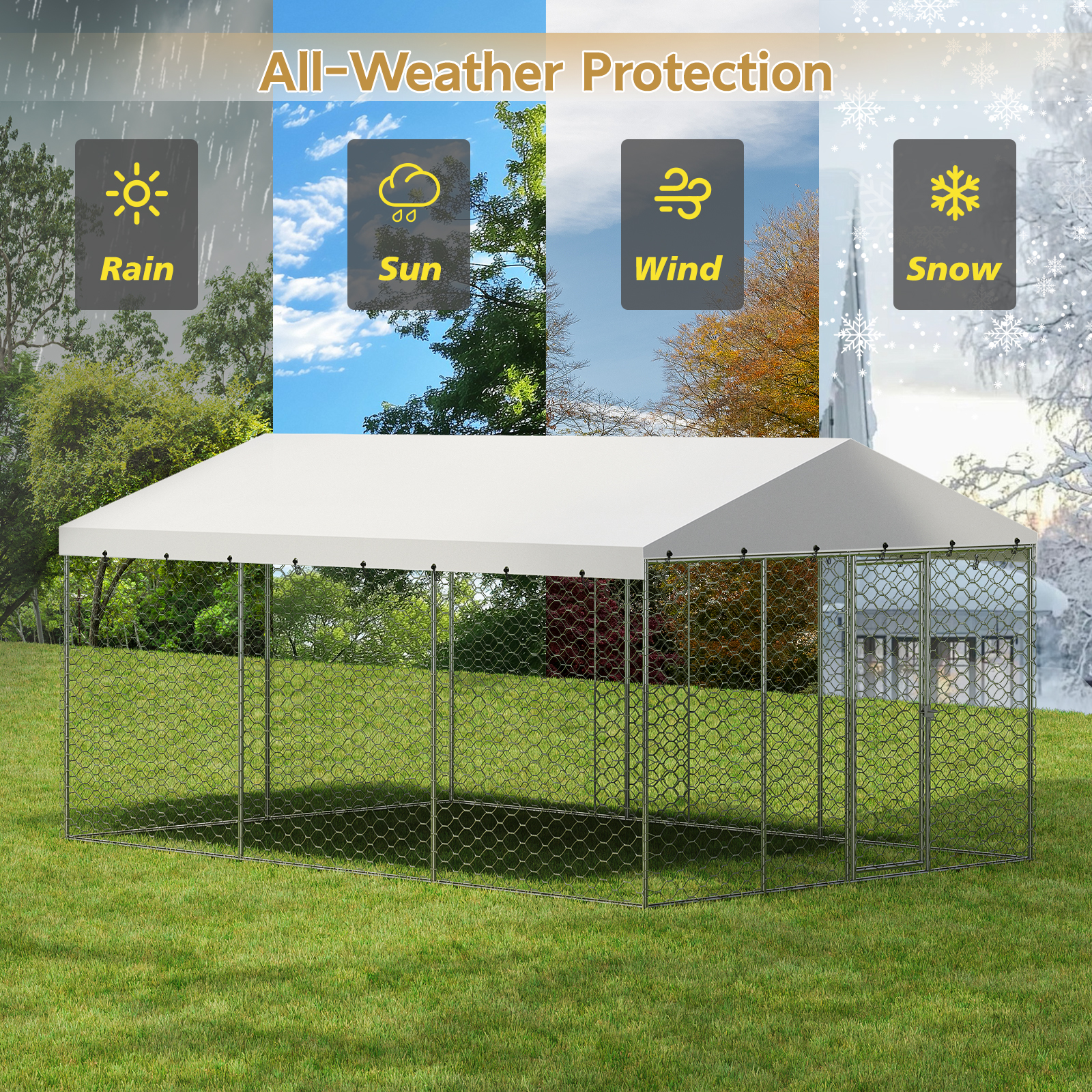15x10 FT Large Outdoor Dog Kennel with Canopy, Heavy Duty Galvanized Steel Frame, Waterproof Cover, All-Weather Protection, Escape-Proof Lockable Pet Playpen for Large Dogs, Multiple Animals. image 4