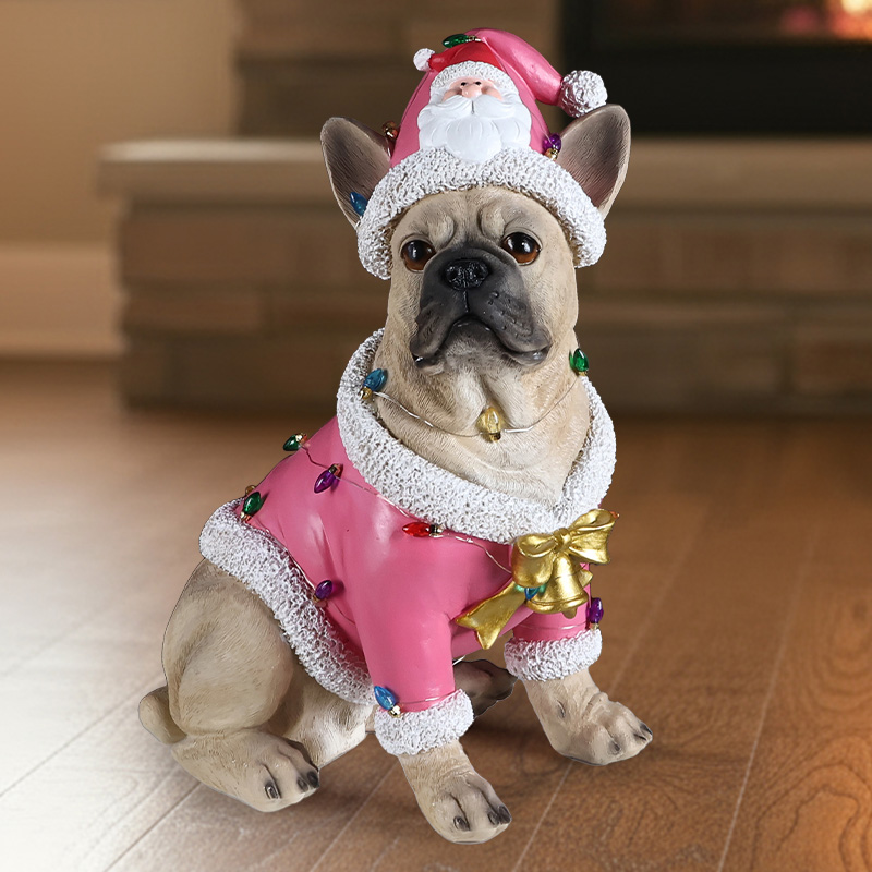 Christmas French Bulldog Statue,  Holiday Dog Figurine in Pink Santa Outfit, Festive Christmas Home Décor image 19