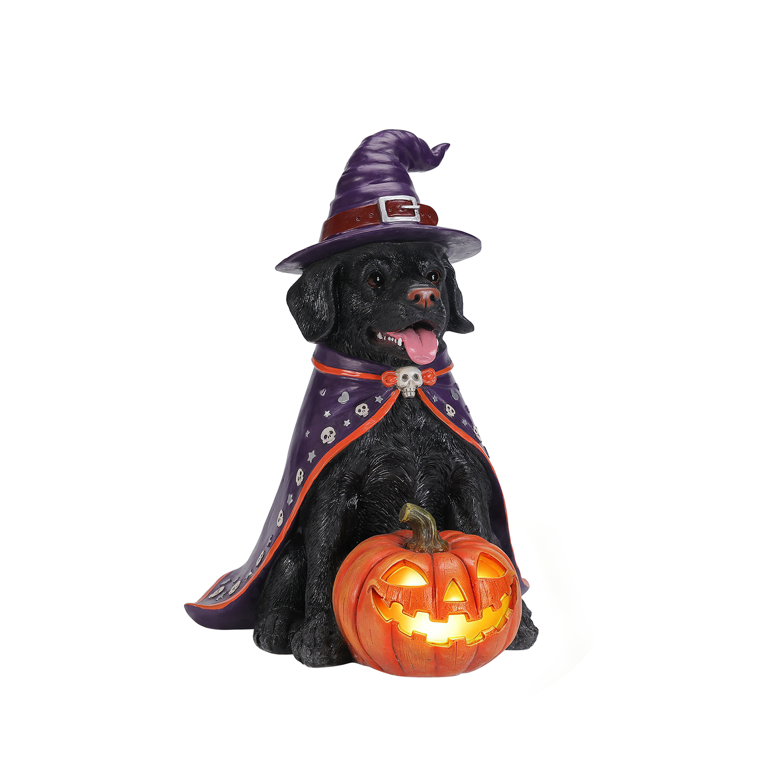 Halloween Black Labrador Retriever Dog Statue, Large Sitting Dog Figurine with Witch Hat & Cape, LED Light Up Jack-O-Lantern Pumpkin image 11