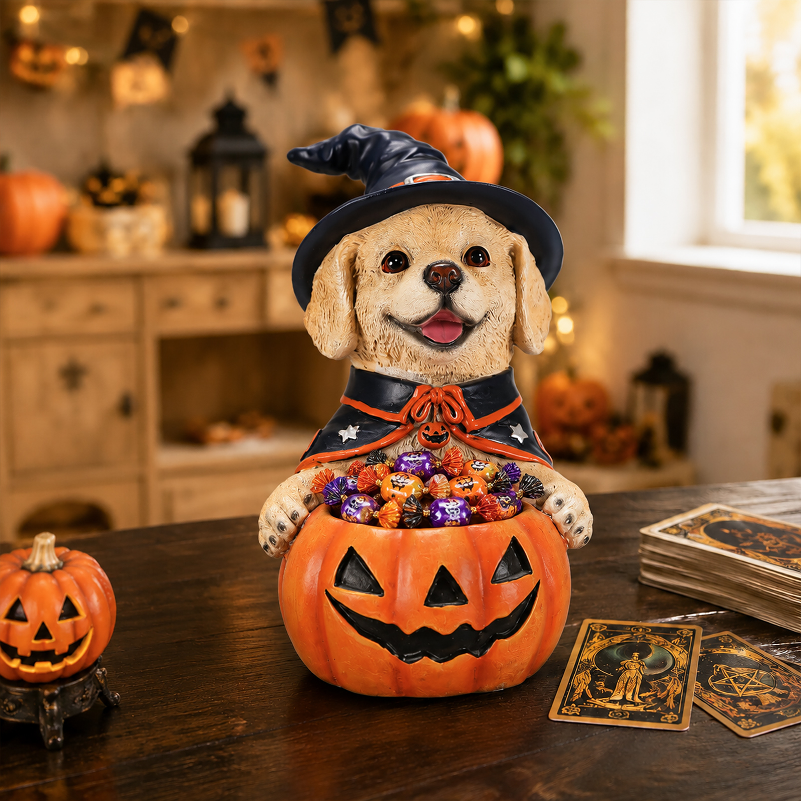 Halloween Labrador Retriever Witch Puppy Figurine, Cute Dog Holding Pumpkin Candy Bowl Decoration image 9