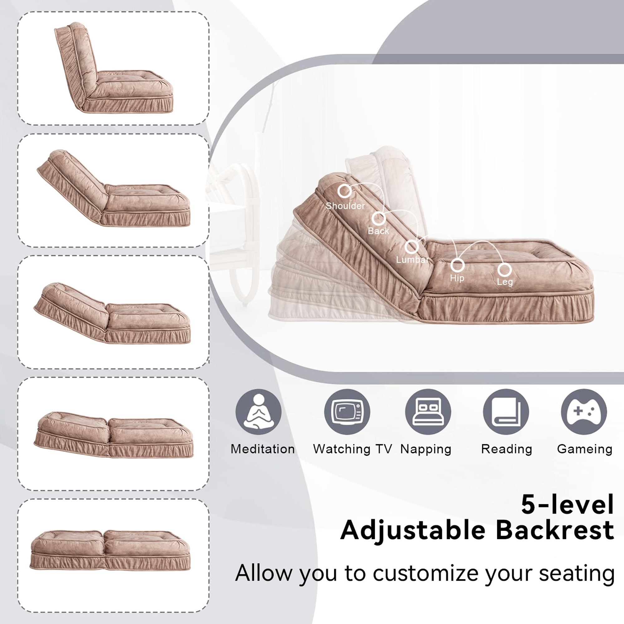 Upholstered Human Dog Bed for Adult & Pets,with 5 Adjustable Position &Massage Pillow, Bean Bag floor sofa with 2 Soft Pillows image 14