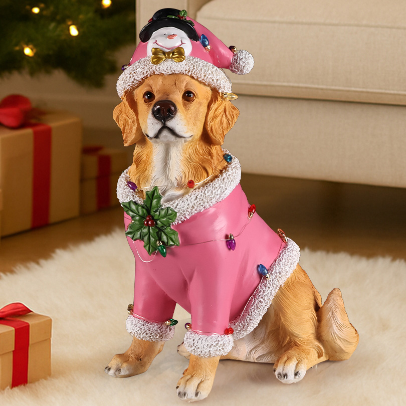 Christmas Golden Retriever Statue, Holiday Dog Figurine in Pink Santa Outfit image 12
