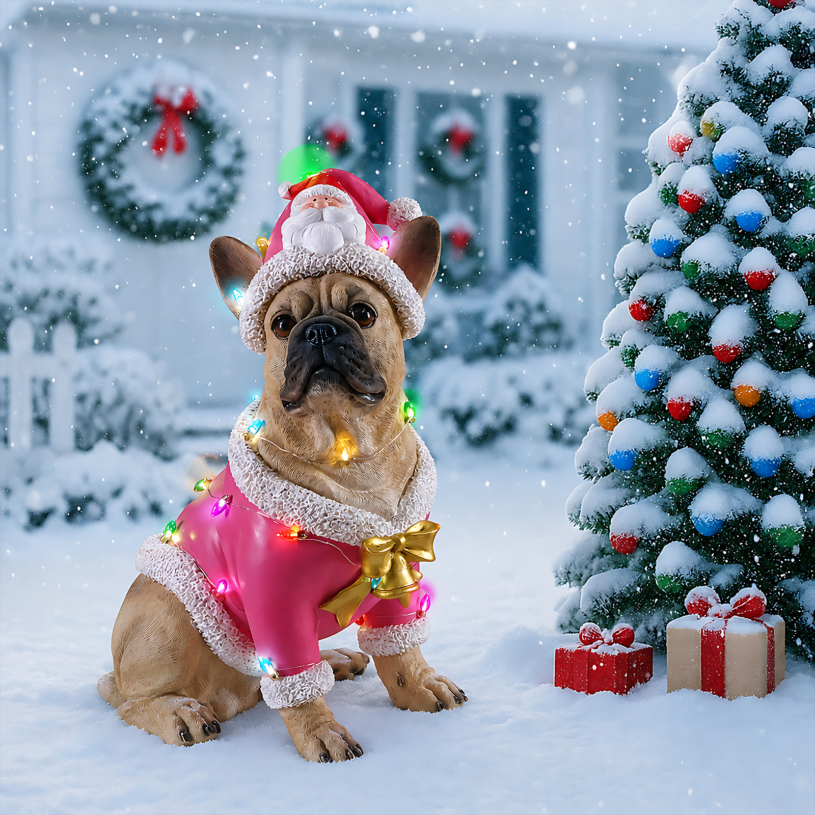 Christmas French Bulldog Statue,  Holiday Dog Figurine in Pink Santa Outfit, Festive Christmas Home Décor image 13