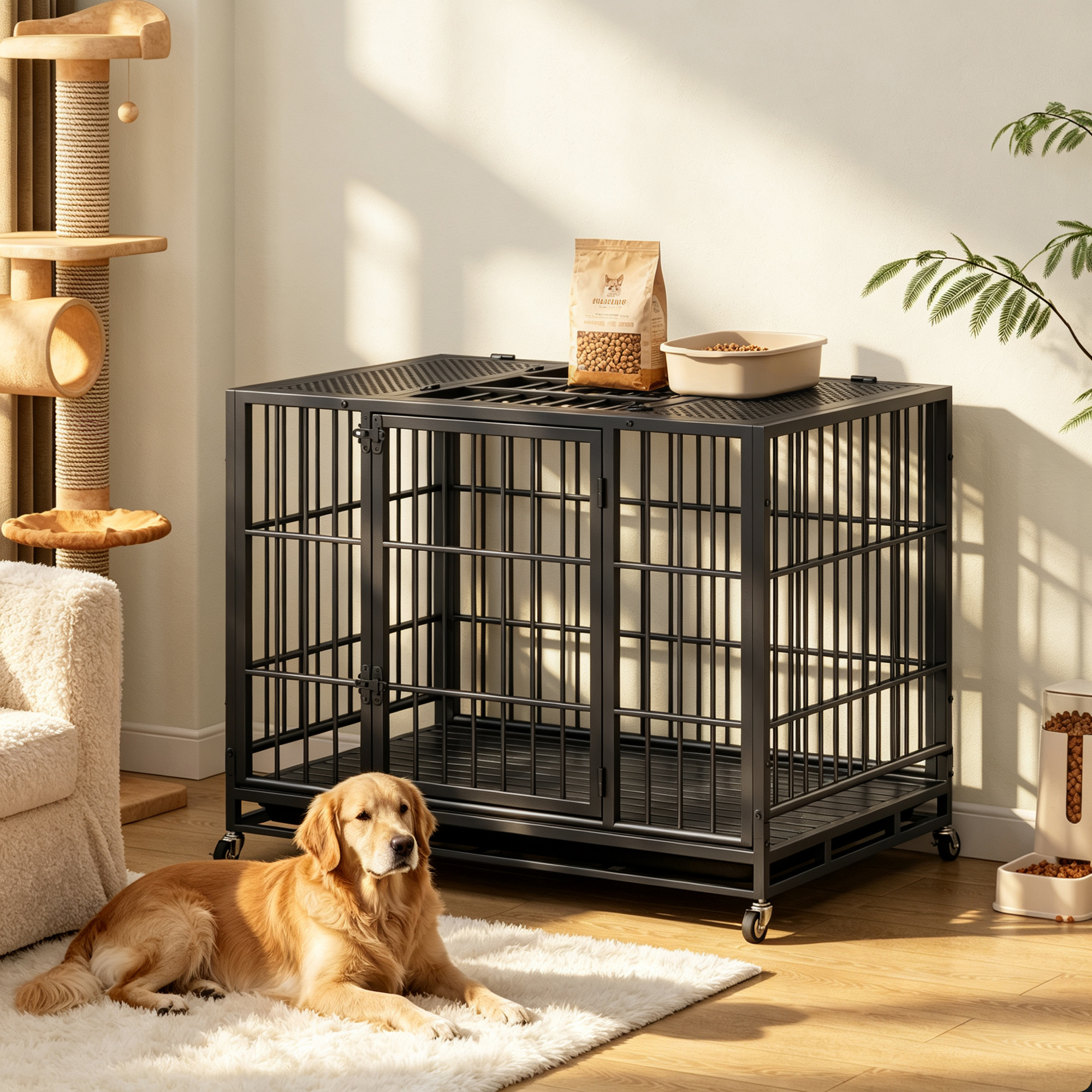 Heavy Duty Dog Crate , Mobile Pet Kennel with Lockable Wheels & Rotary Twist-Latch, Indoor Outdoor Metal Cage with Perforated Top image 13