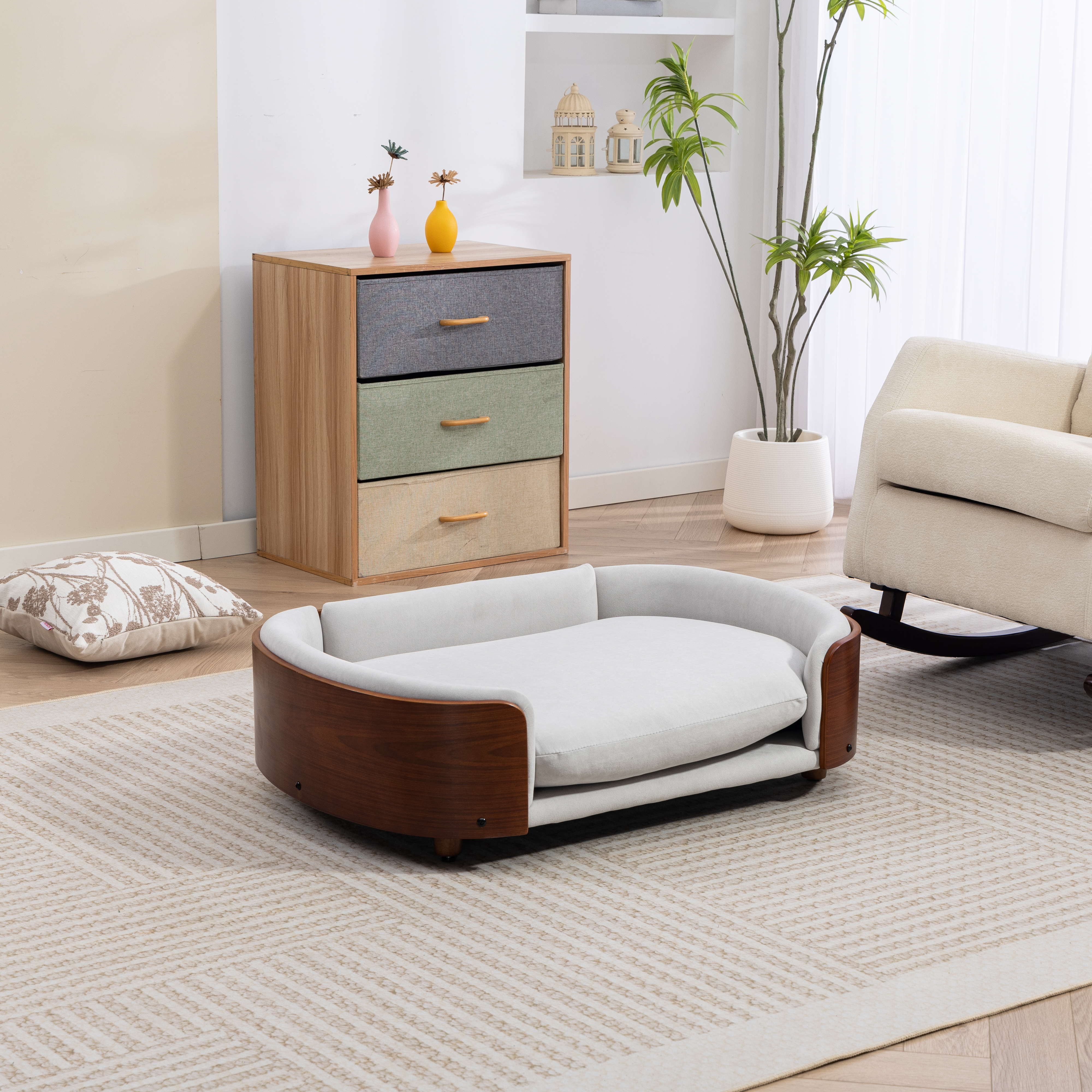 Scandinavian style Elevated Dog Bed Pet Sofa With Solid Wood legs and Walnut Bent Wood Back, Velvet Light Gray,Large Size image 23