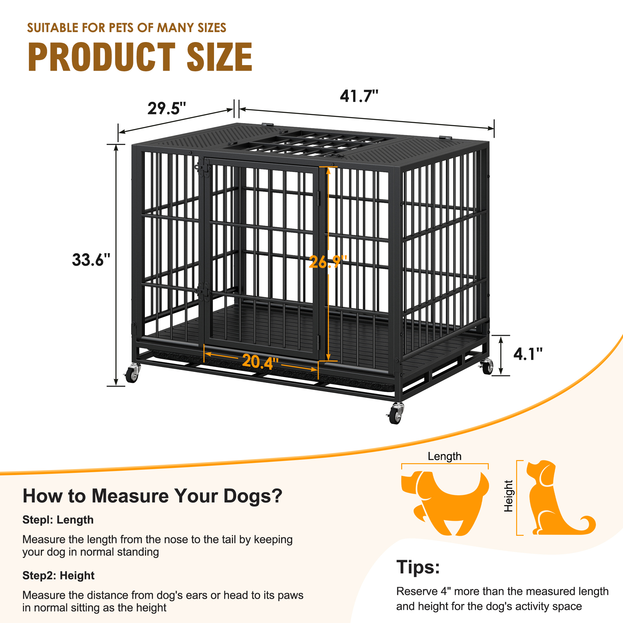 Heavy Duty Dog Crate , Mobile Pet Kennel with Lockable Wheels & Rotary Twist-Latch, Indoor Outdoor Metal Cage with Perforated Top image 7