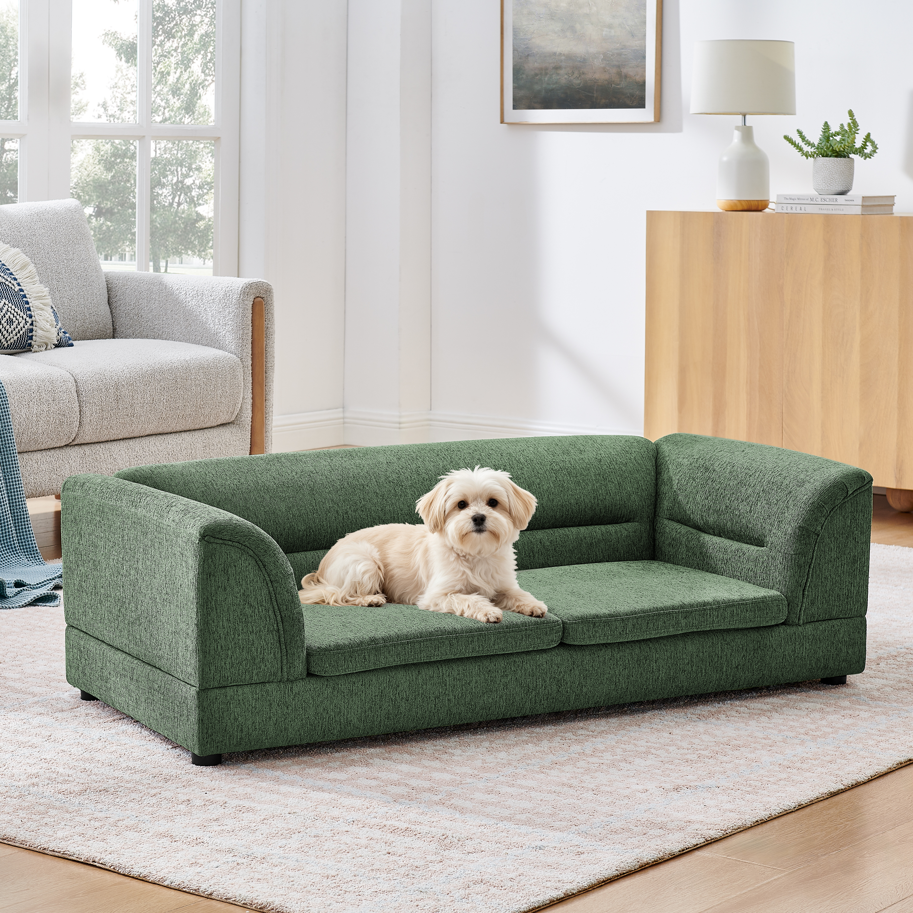 Oversized Pet Sofa, Curved Armrest Rectangular Dog Sofa, Linen Fabric Comfort Pet Couch for Large & Oversized Dogs-Olive Green image 12